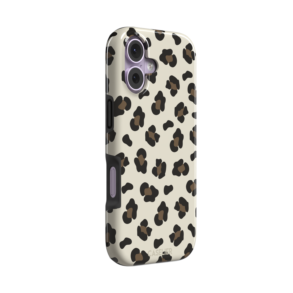 Leopard print phone case in black and medium brown spots on light beige background, color variant, phone case by Caselier — tough case, left view