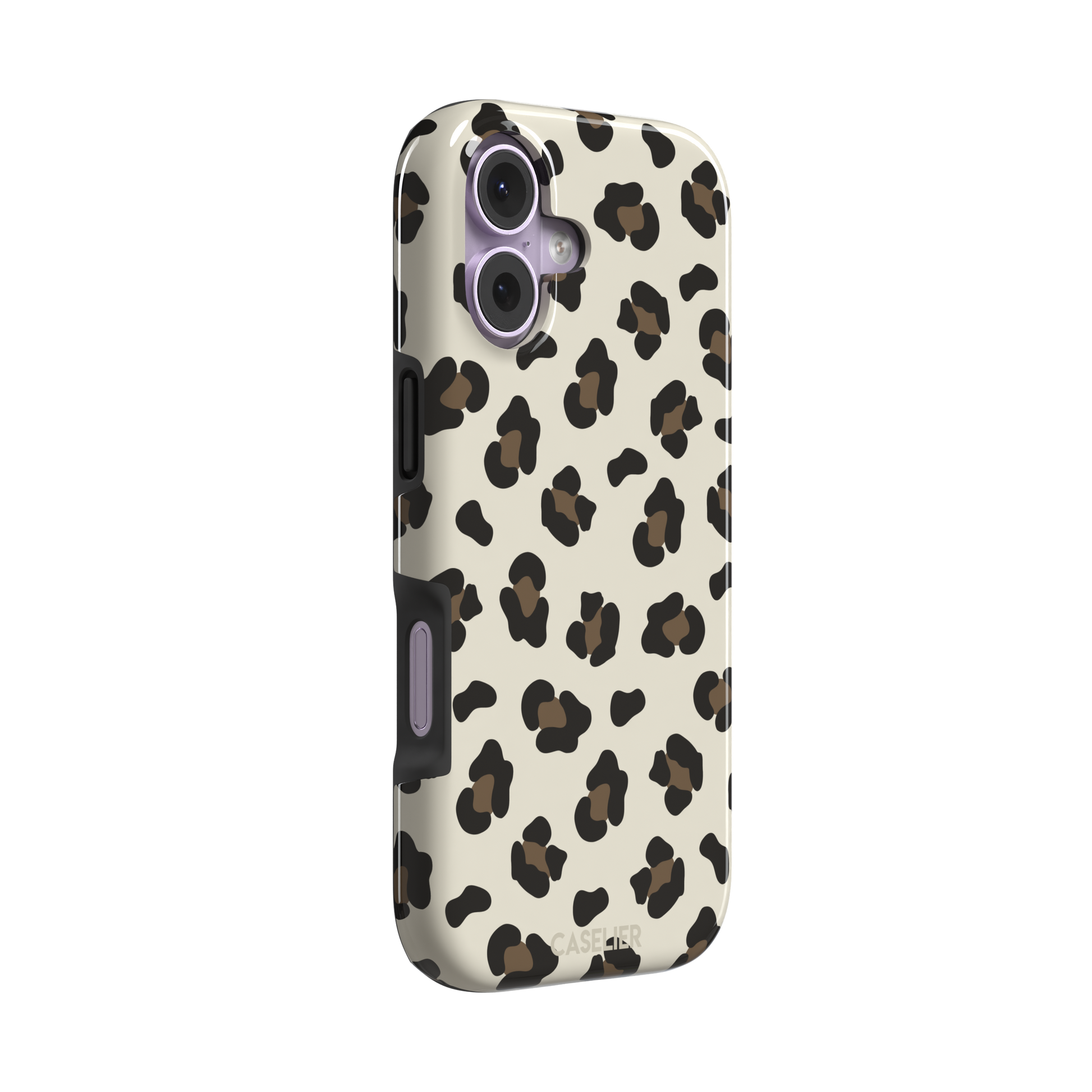 Leopard print phone case in black and medium brown spots on light beige background, color variant, phone case by Caselier — tough case, left view