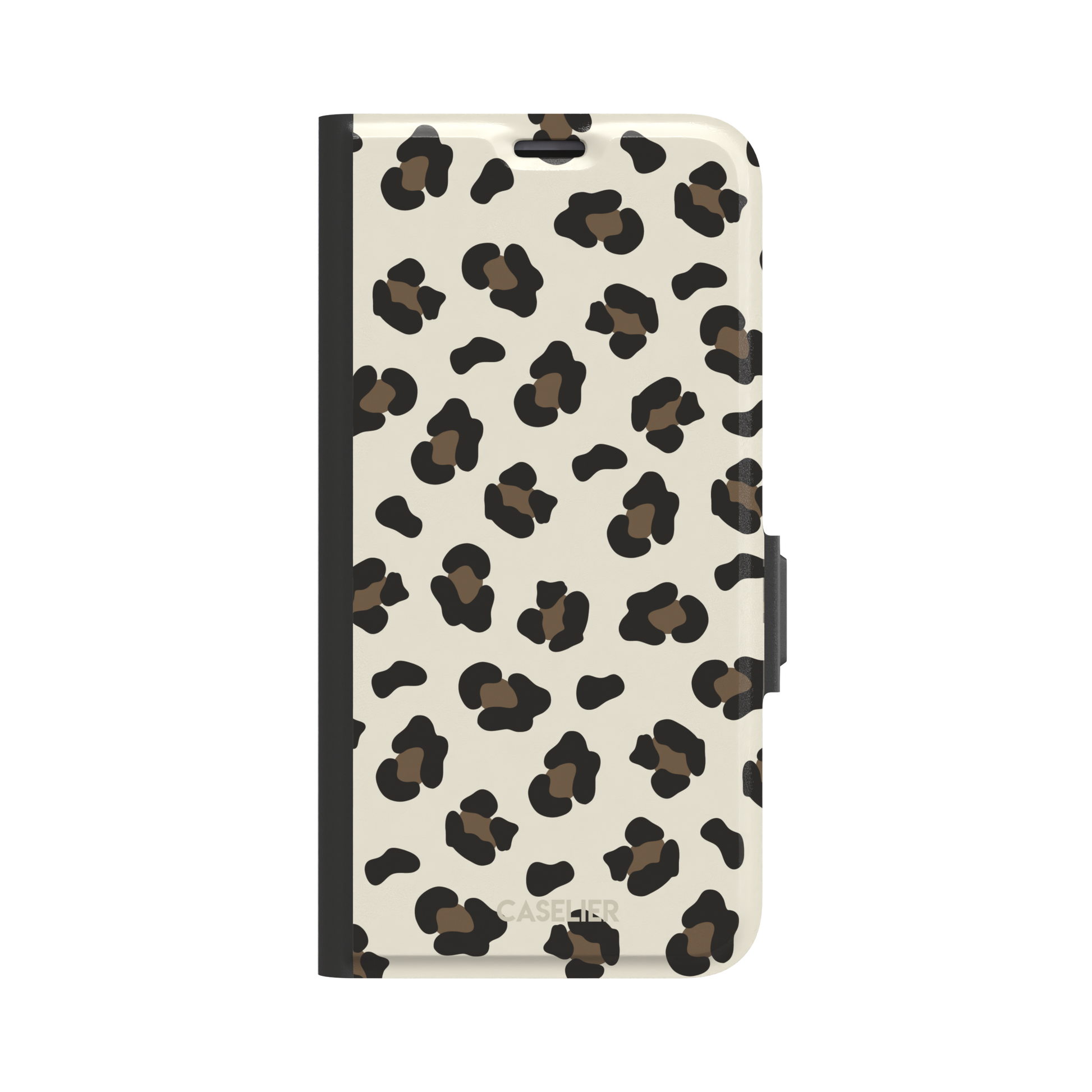 Leopard print phone case in black and medium brown spots on light beige background, color variant, phone case by Caselier — wallet case, front view