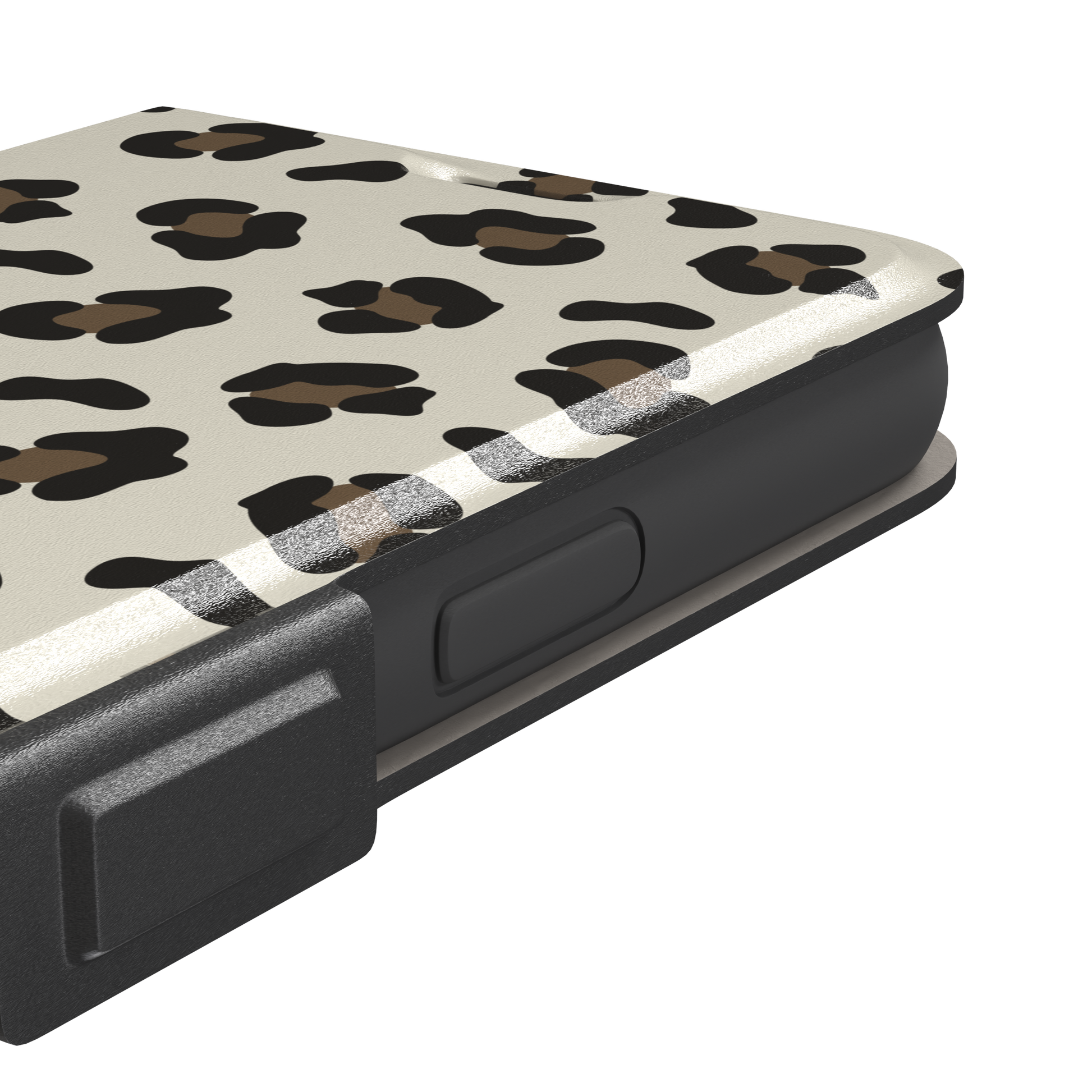 Leopard print phone case in black and medium brown spots on light beige background, color variant, phone case by Caselier — wallet case, volume buttons detail