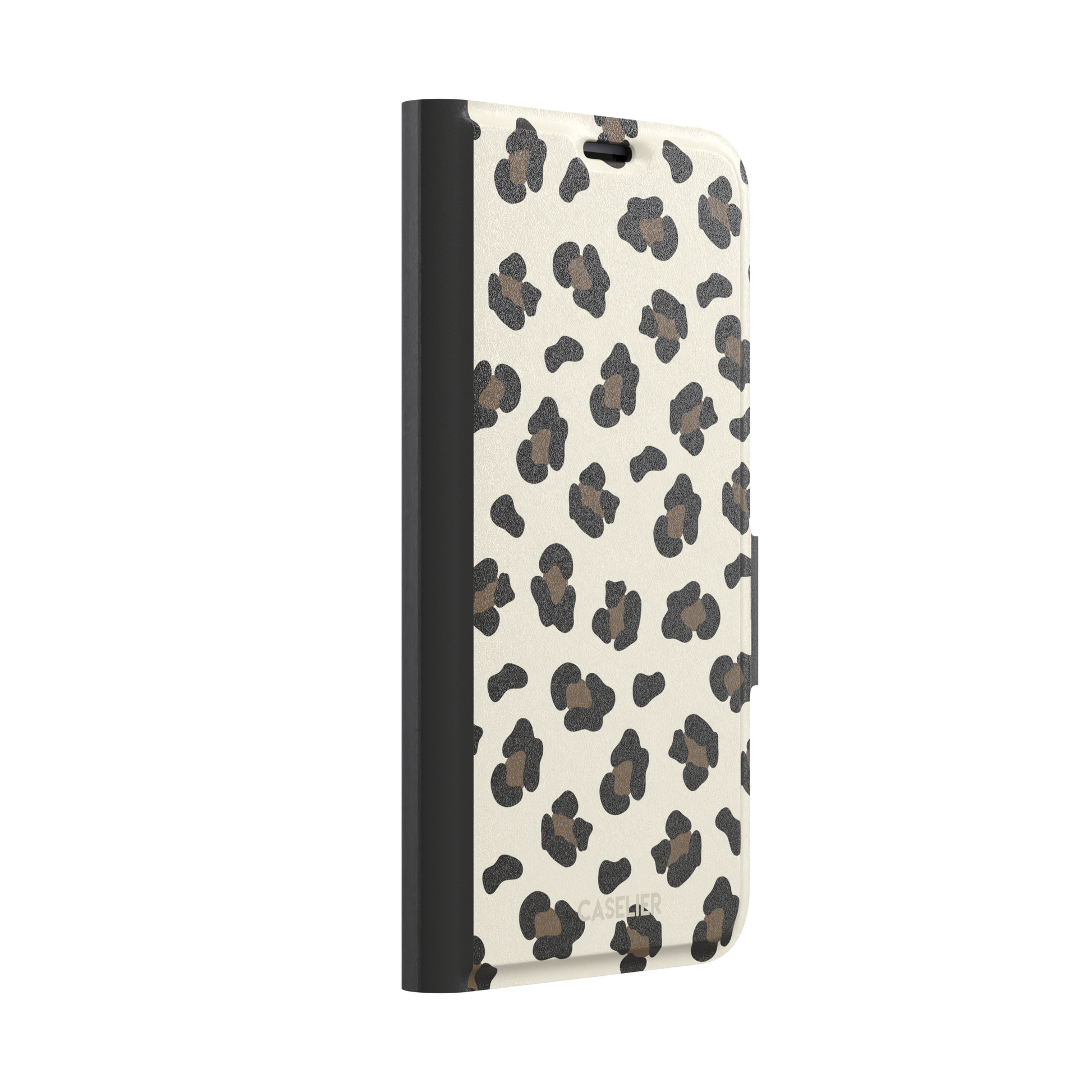 Leopard print phone case in black and medium brown spots on light beige background, color variant, phone case by Caselier — wallet case, left view
