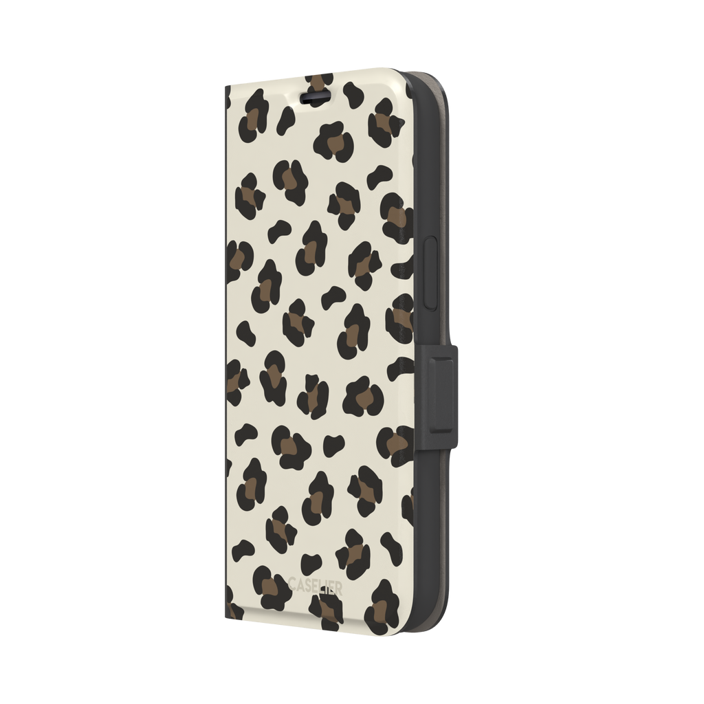 Leopard print phone case in black and medium brown spots on light beige background, color variant, phone case by Caselier — wallet case, right view