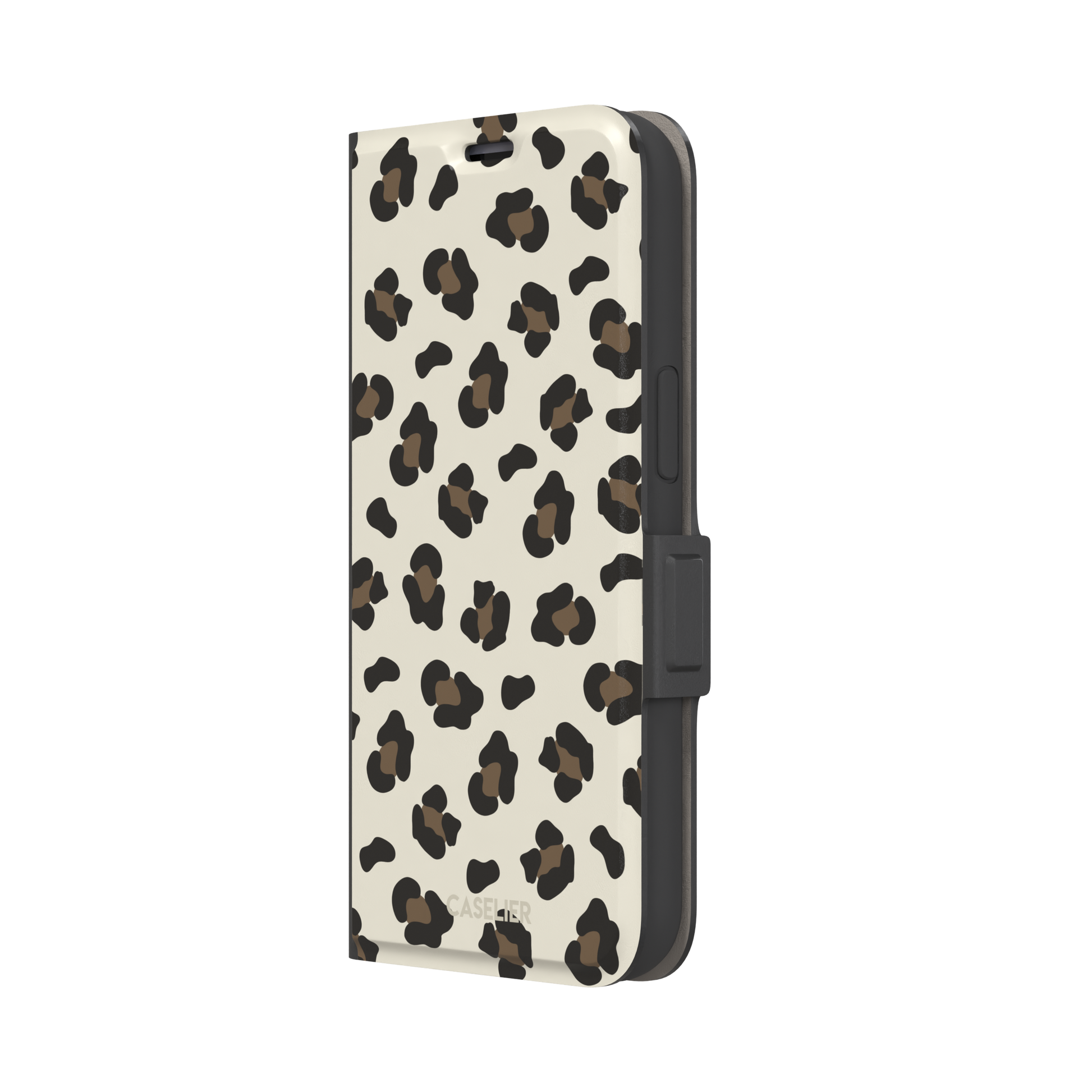 Leopard print phone case in black and medium brown spots on light beige background, color variant, phone case by Caselier — wallet case, right view