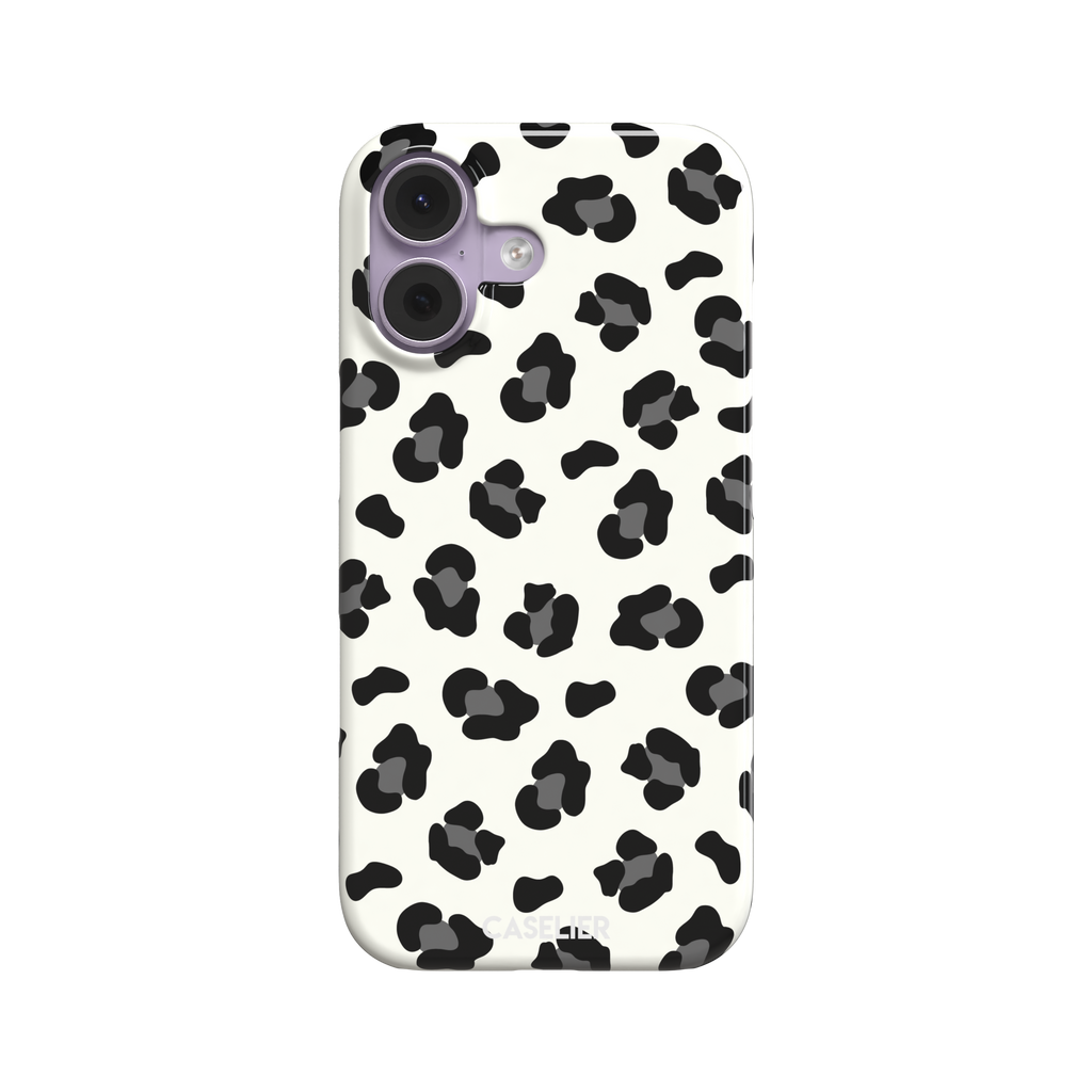 Leopard print phone case in black spots on off-white background, primary product shot, phone case by Caselier — snap case, front view