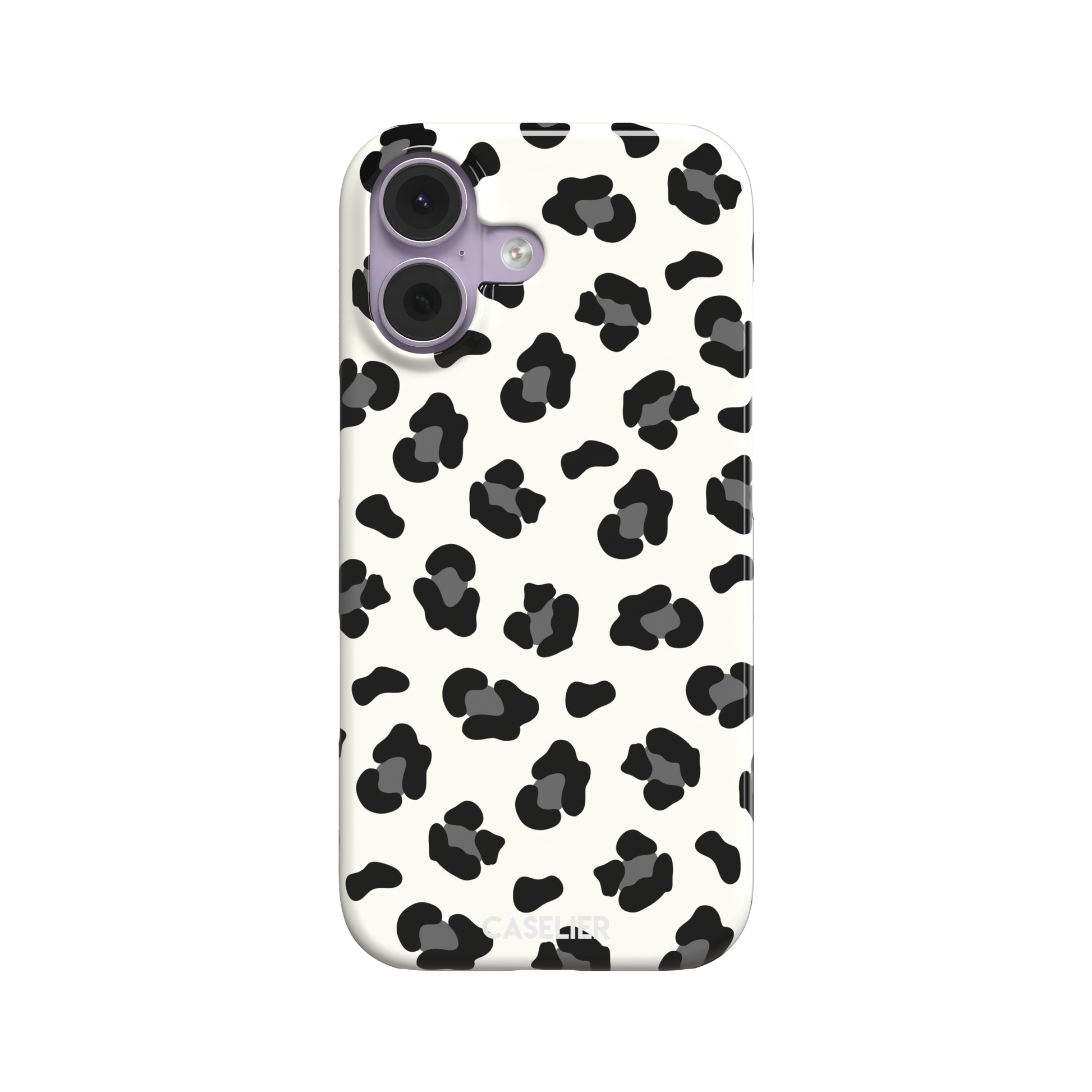 Leopard print phone case in black spots on off-white background, primary product shot, phone case by Caselier — snap case, front view