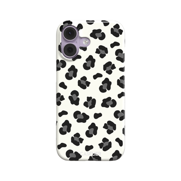 Leopard print phone case in black spots on off-white background, primary product shot, phone case by Caselier — snap case, front view