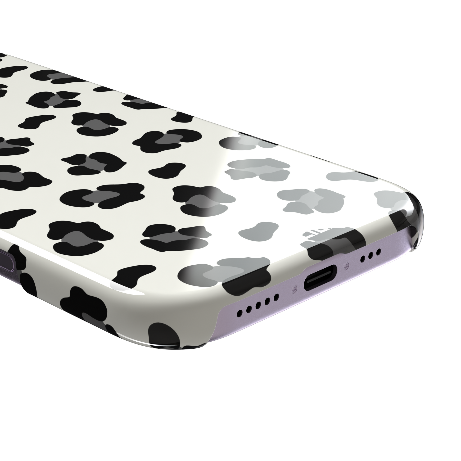 Leopard print phone case in black spots on off-white background, primary product shot, phone case by Caselier — snap case, charging port detail