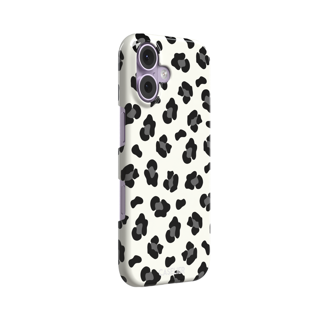 Leopard print phone case in black spots on off-white background, primary product shot, phone case by Caselier — snap case, left view