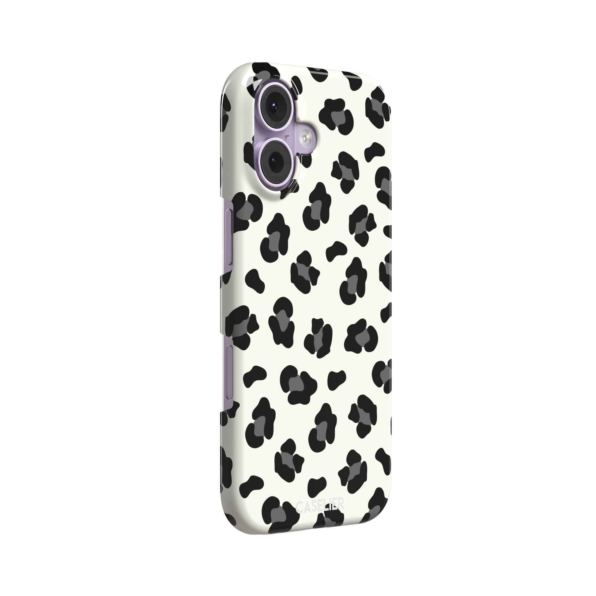Leopard print phone case in black spots on off-white background, primary product shot, phone case by Caselier — snap case, left view