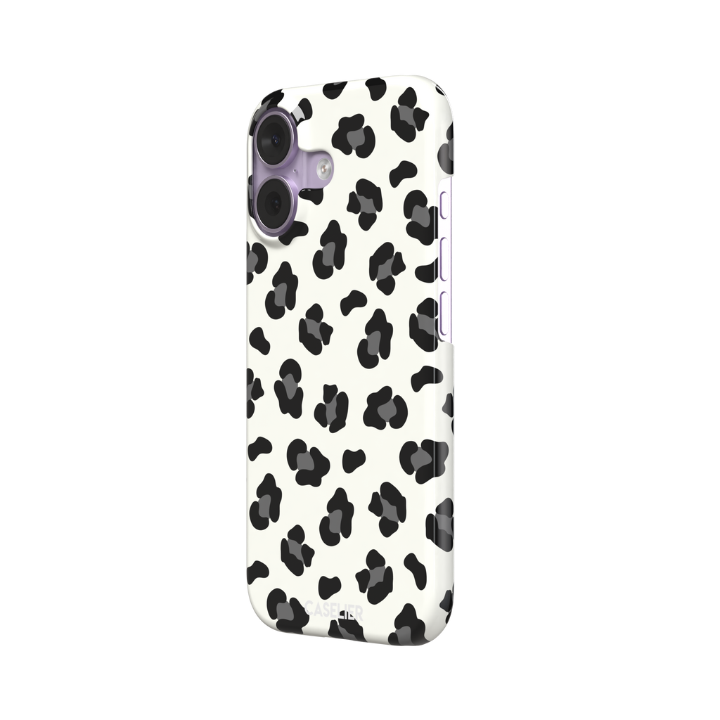 Leopard print phone case in black spots on off-white background, primary product shot, phone case by Caselier — snap case, right view