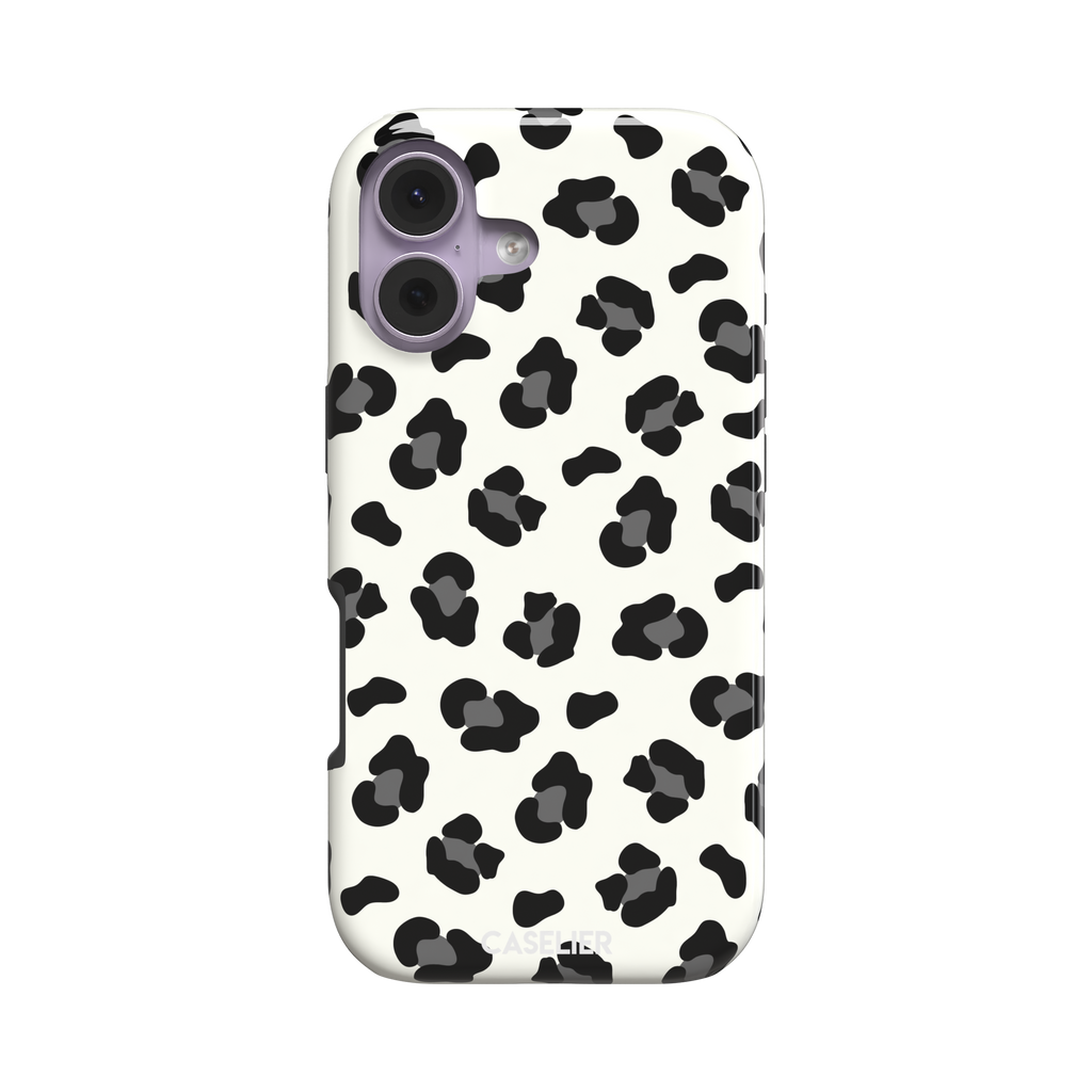 Leopard print phone case in black spots on off-white background, primary product shot, phone case by Caselier — tough case, front view
