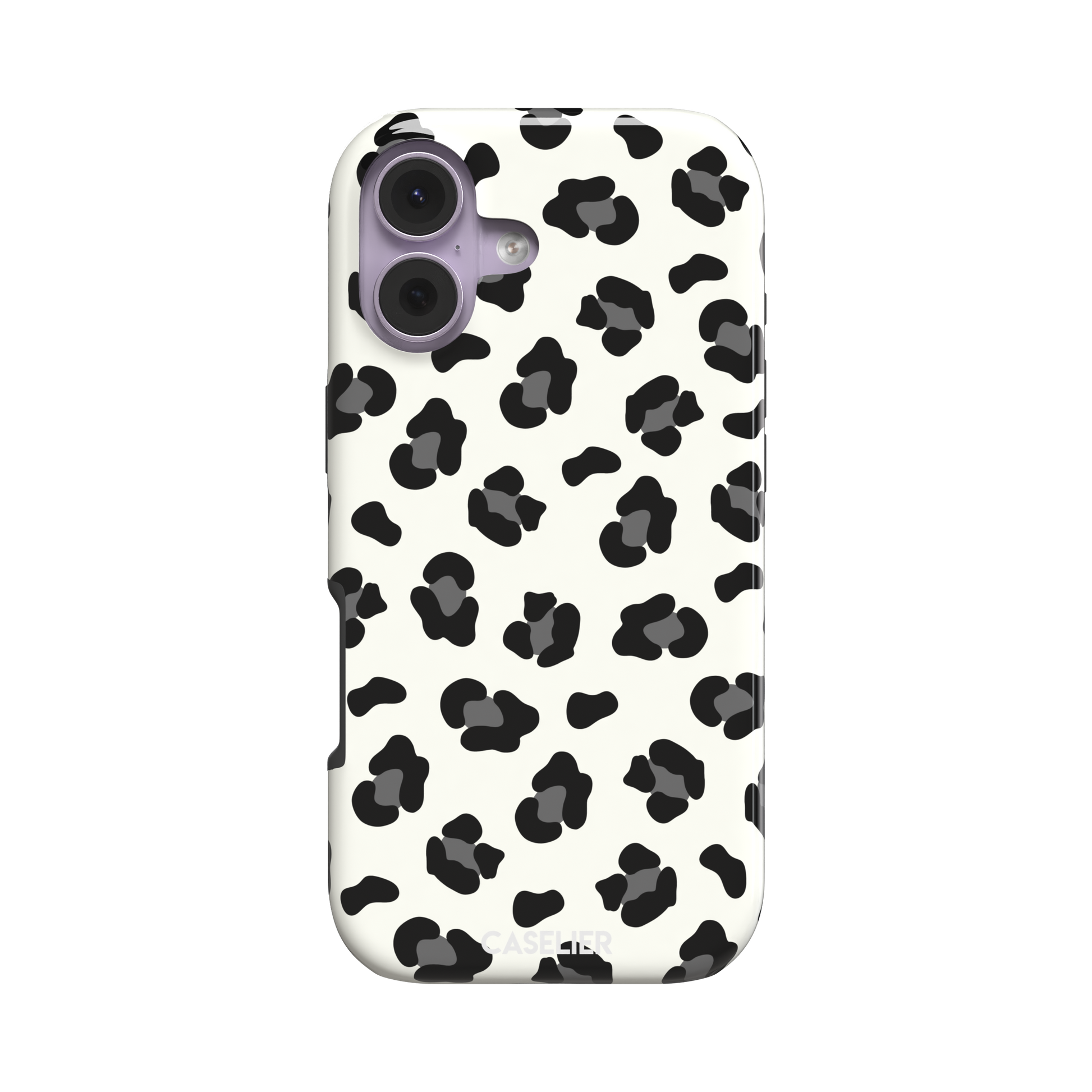 Leopard print phone case in black spots on off-white background, primary product shot, phone case by Caselier — tough case, front view