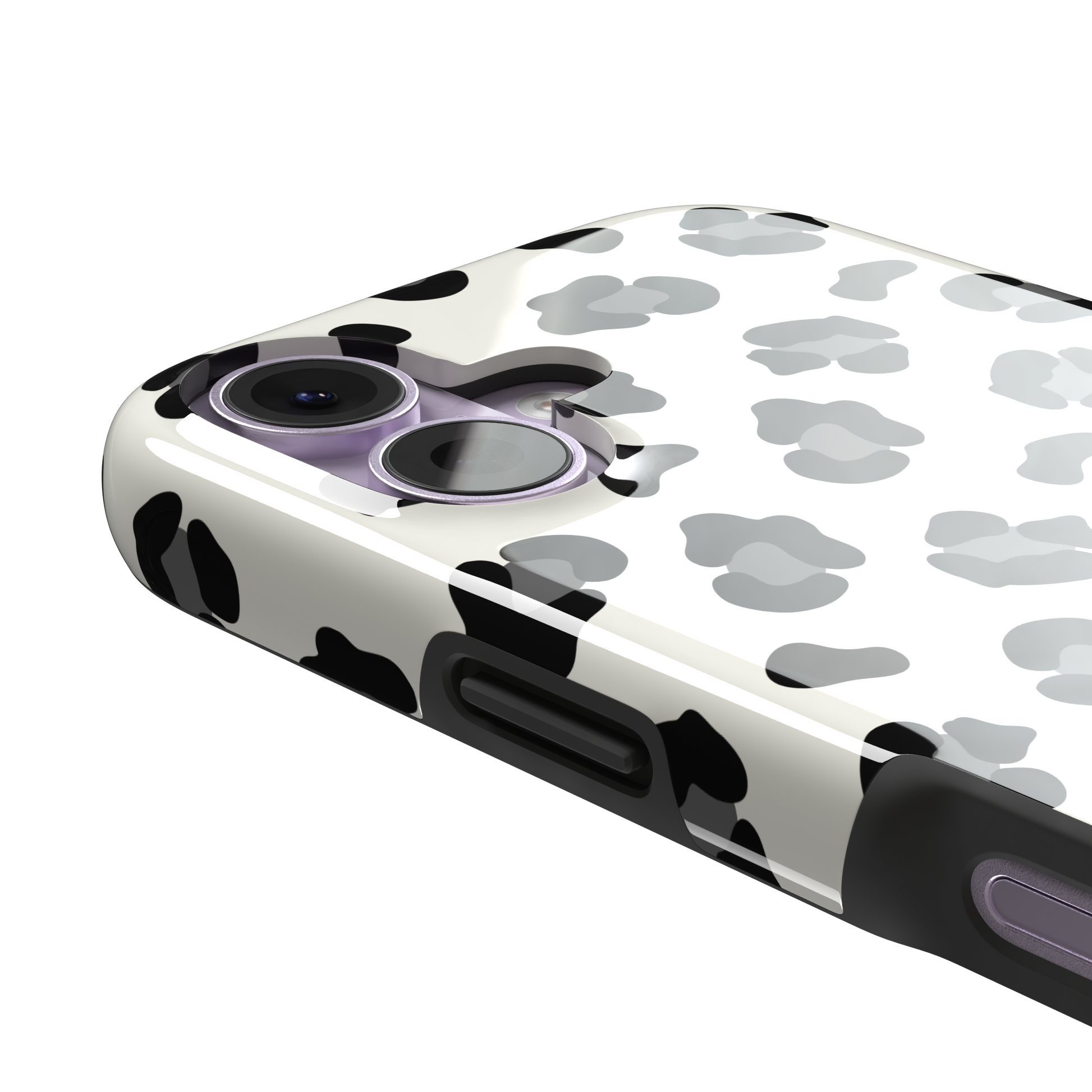Leopard print phone case in black spots on off-white background, primary product shot, phone case by Caselier — tough case, volume buttons detail