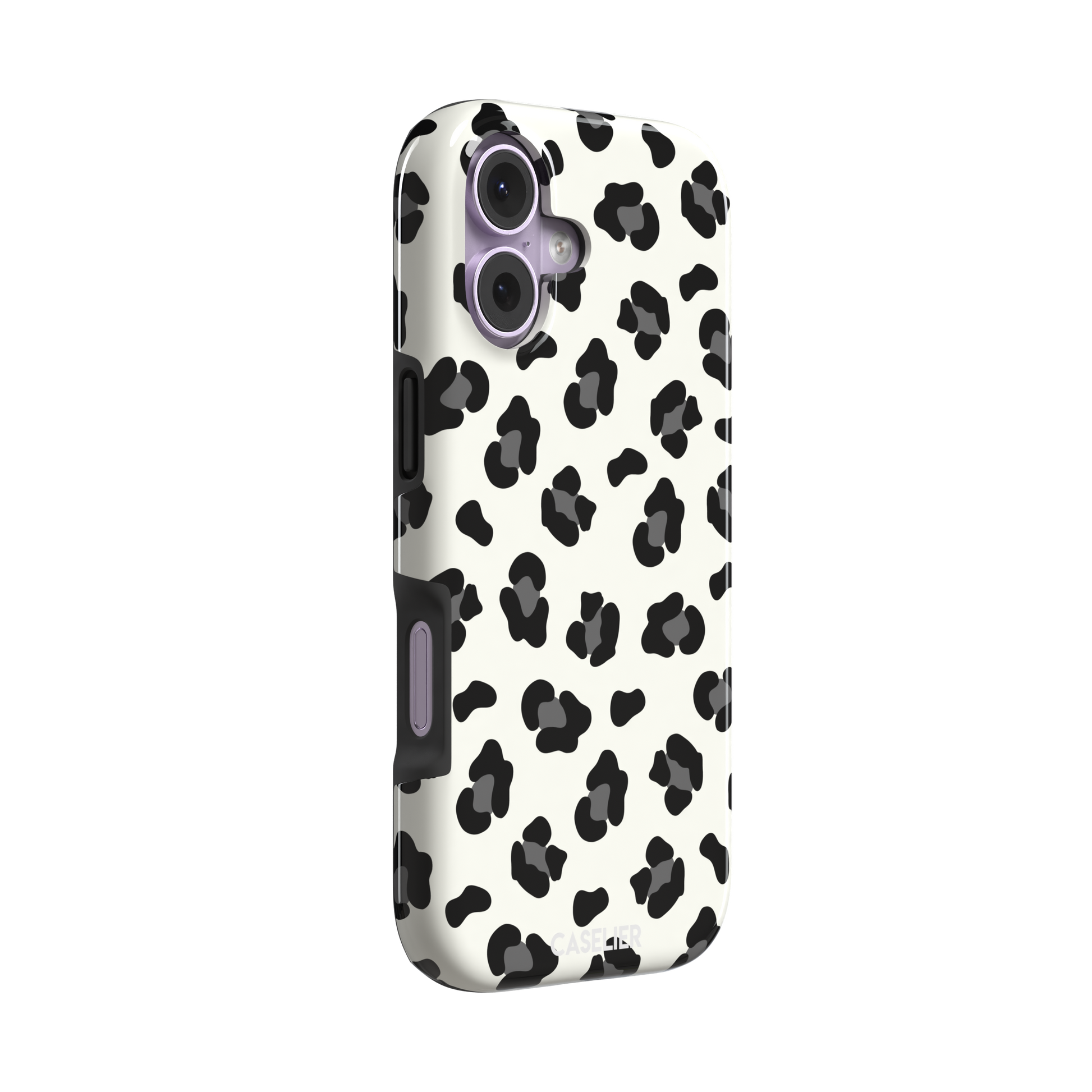 Leopard print phone case in black spots on off-white background, primary product shot, phone case by Caselier — tough case, left view