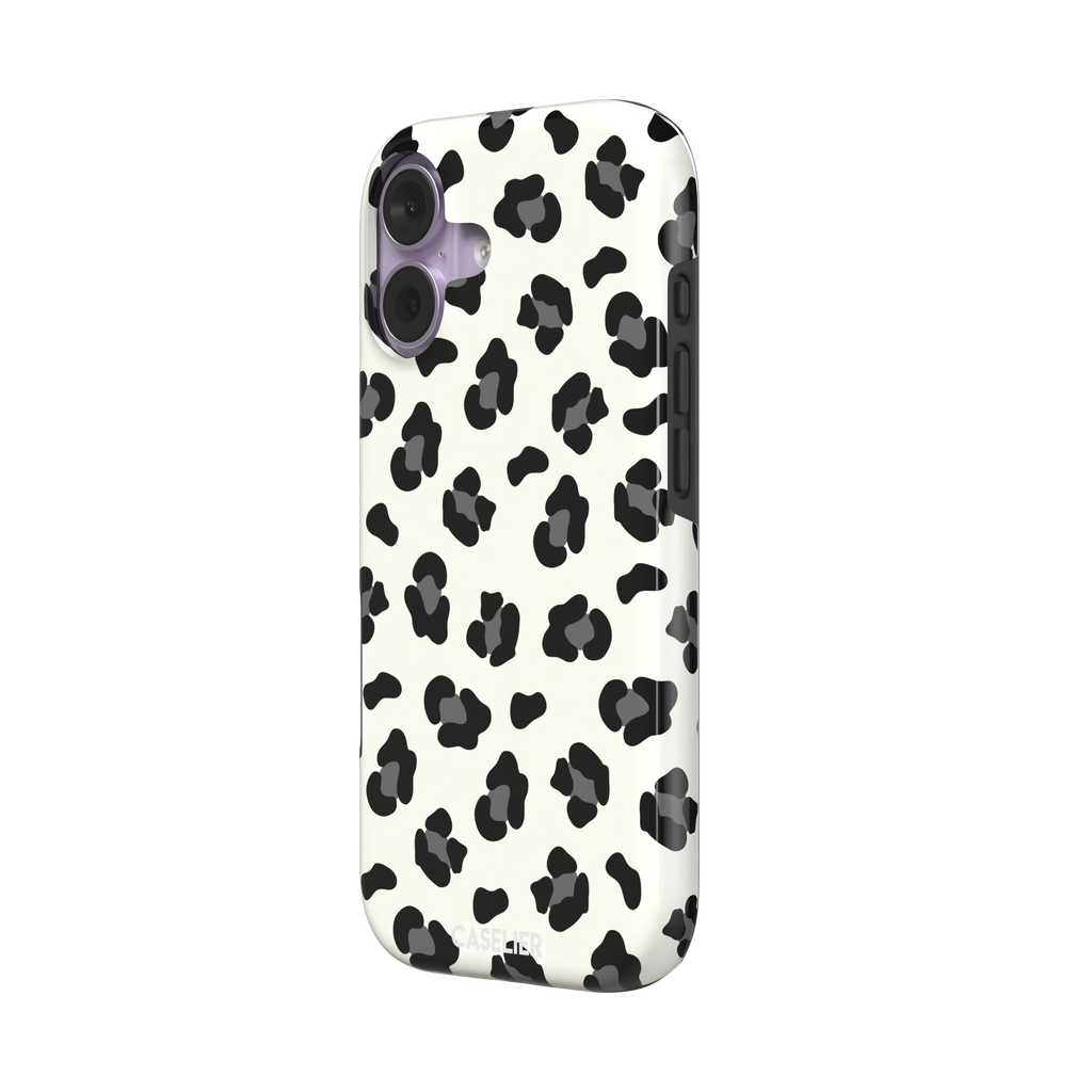 Leopard print phone case in black spots on off-white background, primary product shot, phone case by Caselier — tough case, right view
