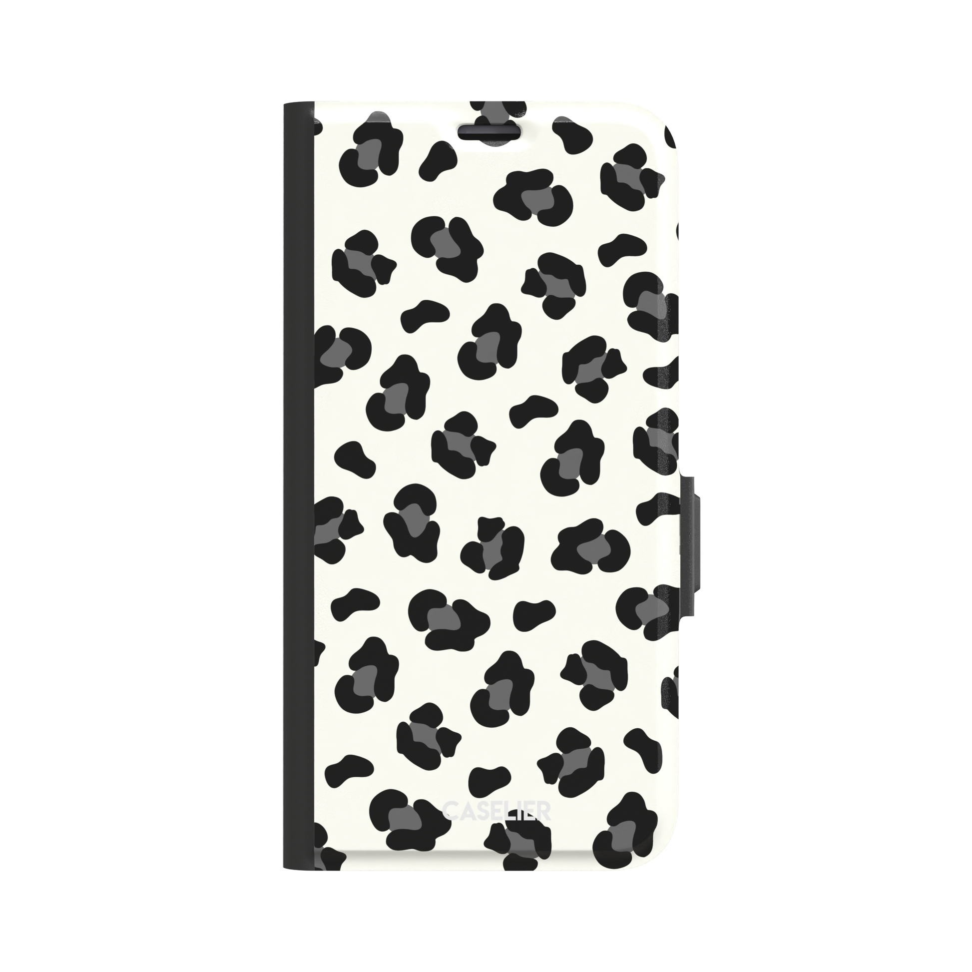 Leopard print phone case in black spots on off-white background, primary product shot, phone case by Caselier — wallet case, front view