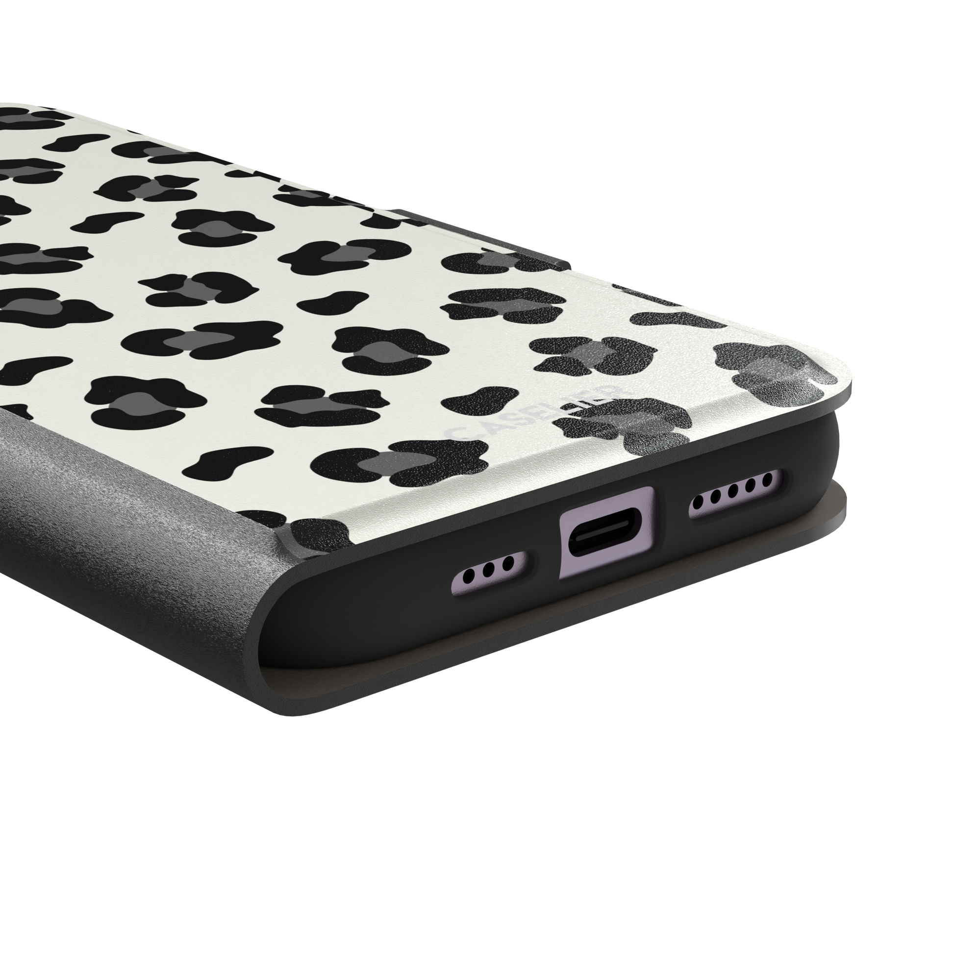 Leopard print phone case in black spots on off-white background, primary product shot, phone case by Caselier — wallet case, charging port detail