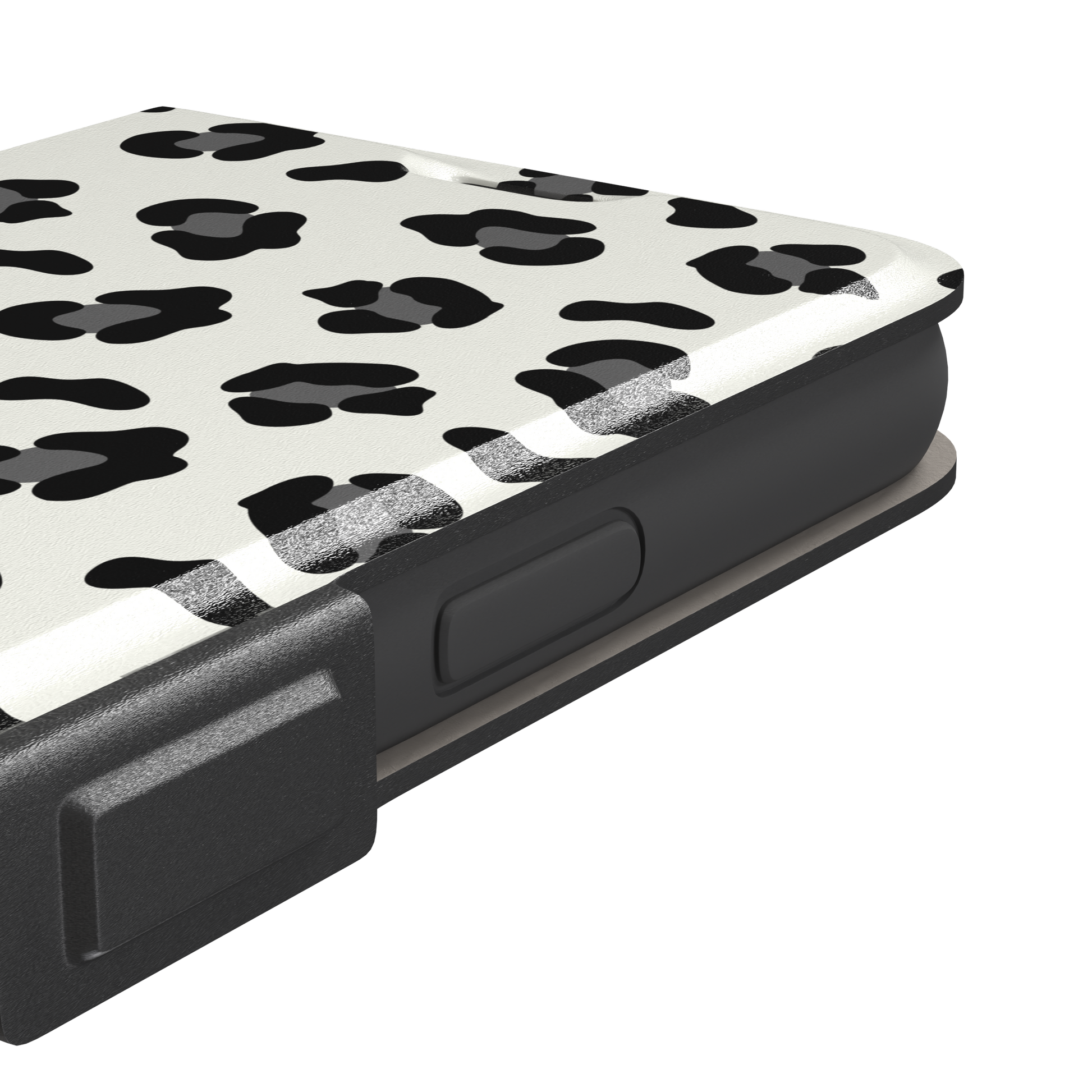 Leopard print phone case in black spots on off-white background, primary product shot, phone case by Caselier — wallet case, volume buttons detail