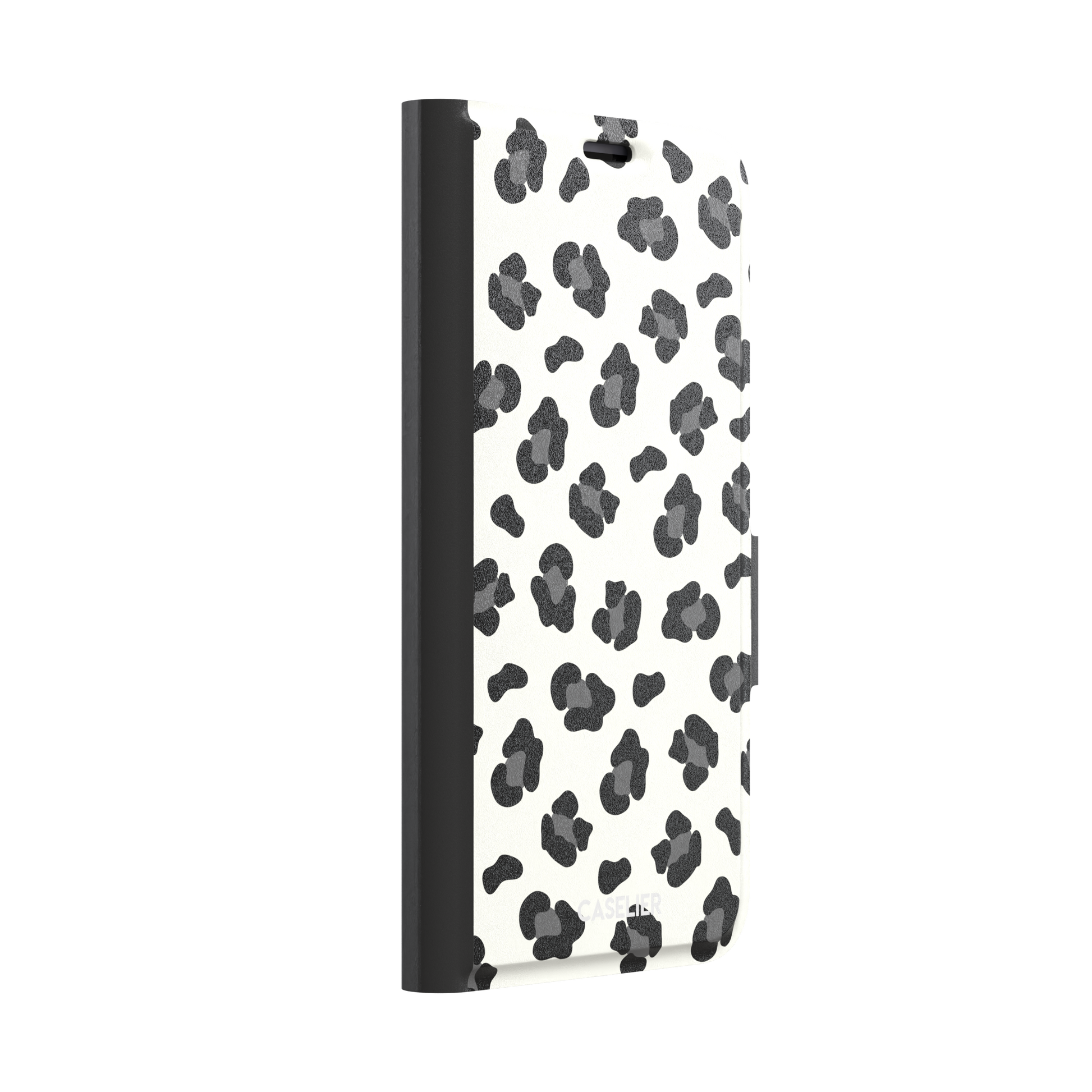 Leopard print phone case in black spots on off-white background, primary product shot, phone case by Caselier — wallet case, left view