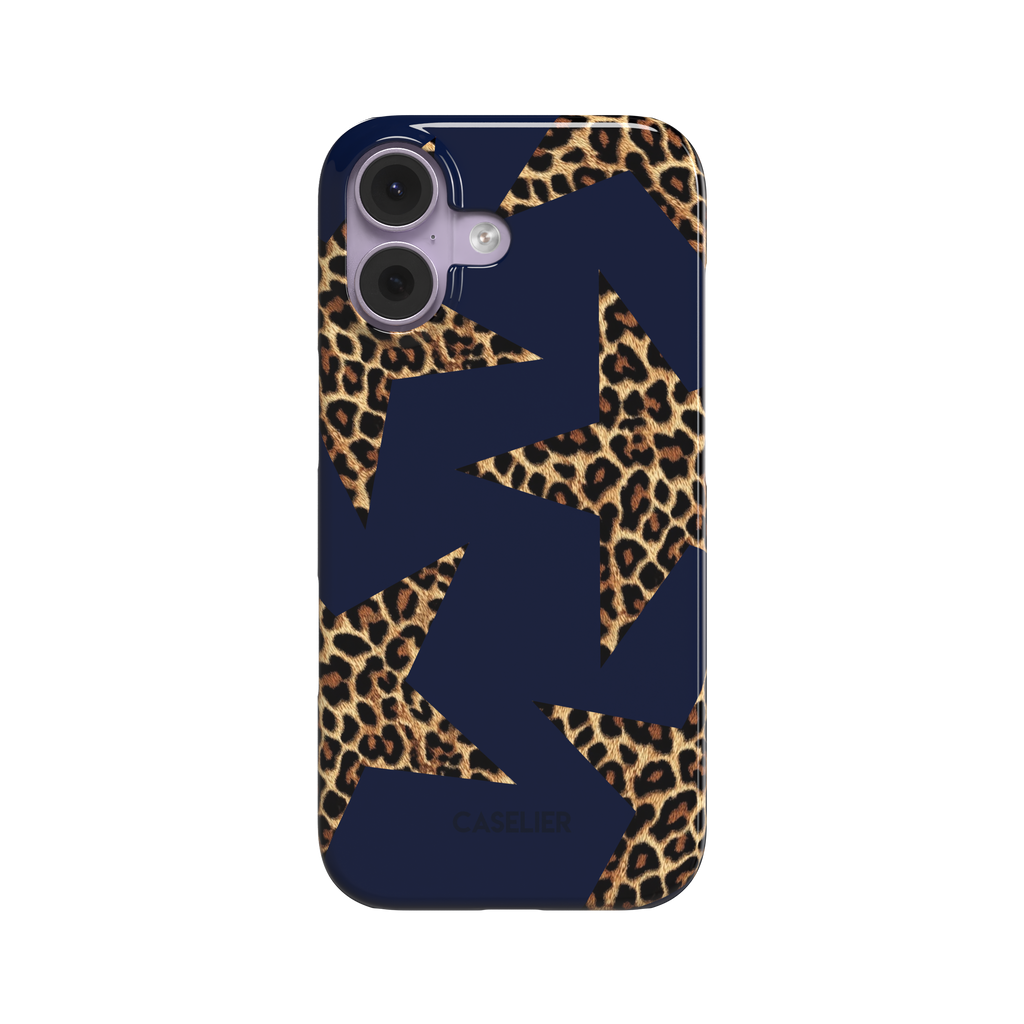 Leopard Star phone case with oversized leopard-print stars on a deep navy background, front view, slim hard-shell style, white background, phone case by Caselier - snap case, front view | Caselier