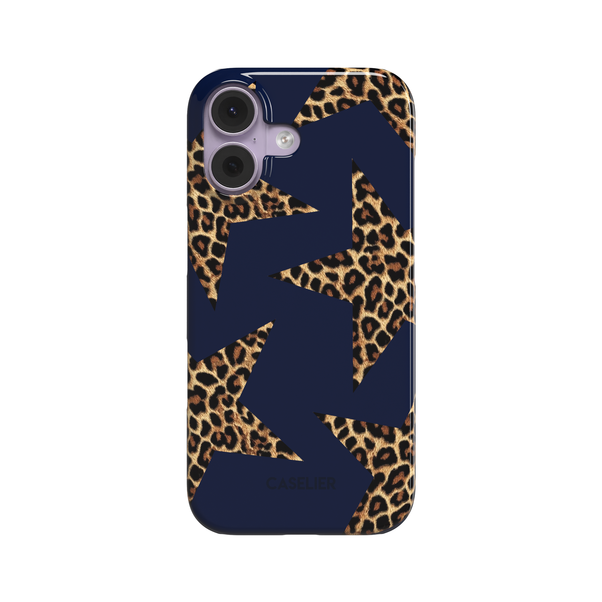 Leopard Star phone case with oversized leopard-print stars on a deep navy background, front view, slim hard-shell style, white background, phone case by Caselier - snap case, front view | Caselier