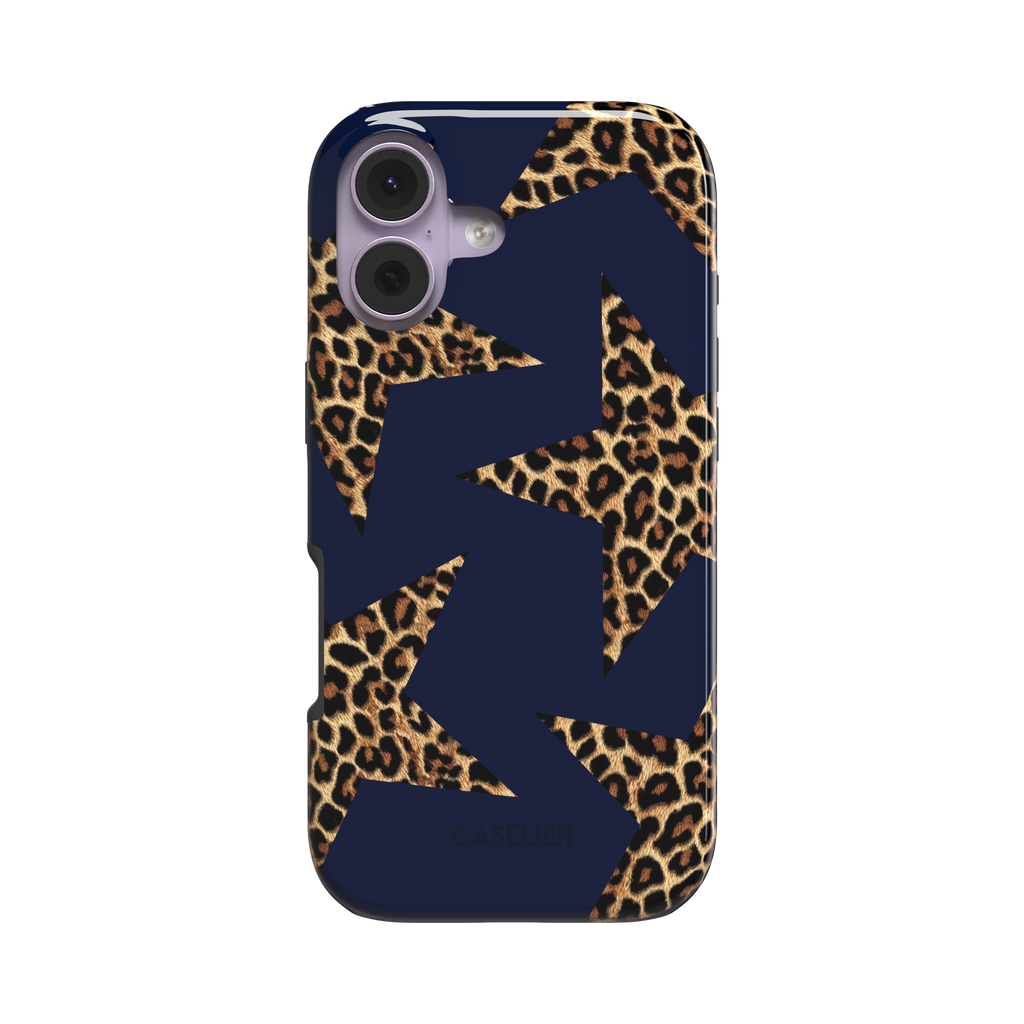 Leopard Star phone case showing oversized golden-brown leopard-print stars on navy, angled side view revealing slim profile, white background, phone case by Caselier - tough case, front view | Caselier