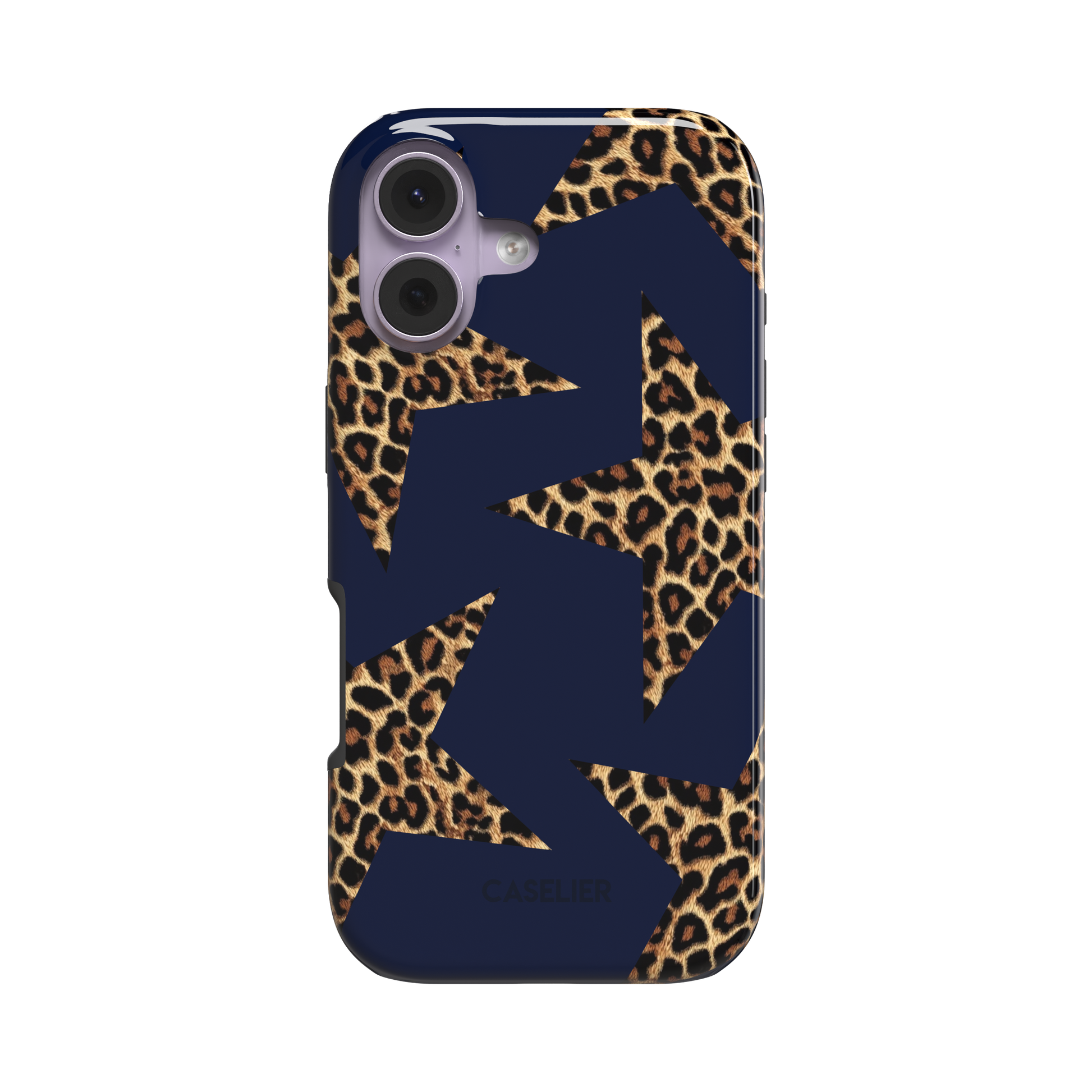 Leopard Star phone case showing oversized golden-brown leopard-print stars on navy, angled side view revealing slim profile, white background, phone case by Caselier - tough case, front view | Caselier
