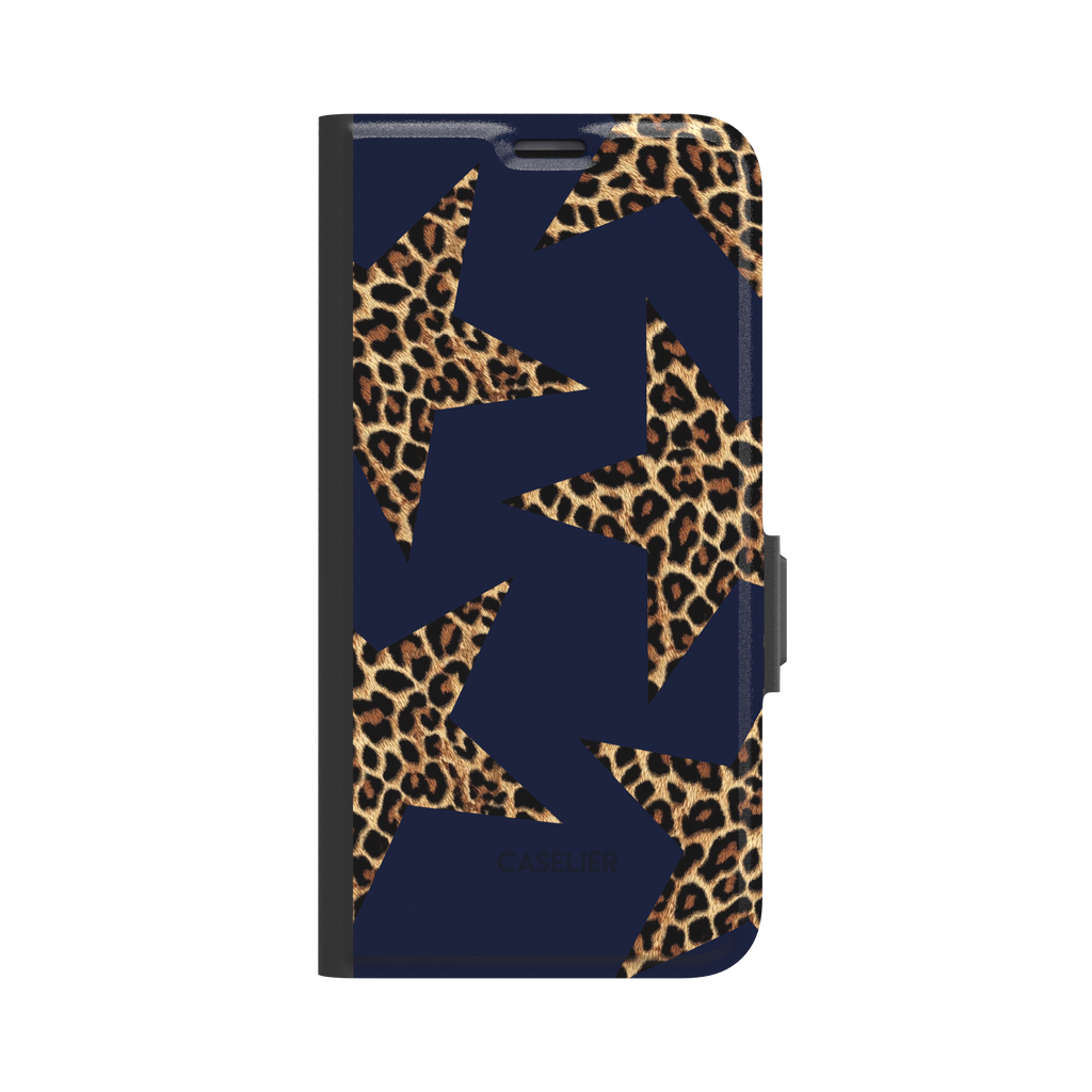 Leopard Star folio wallet phone case with leopard-print stars on navy cover and black frame, front view, white background, phone case by Caselier - wallet case, front view | Caselier