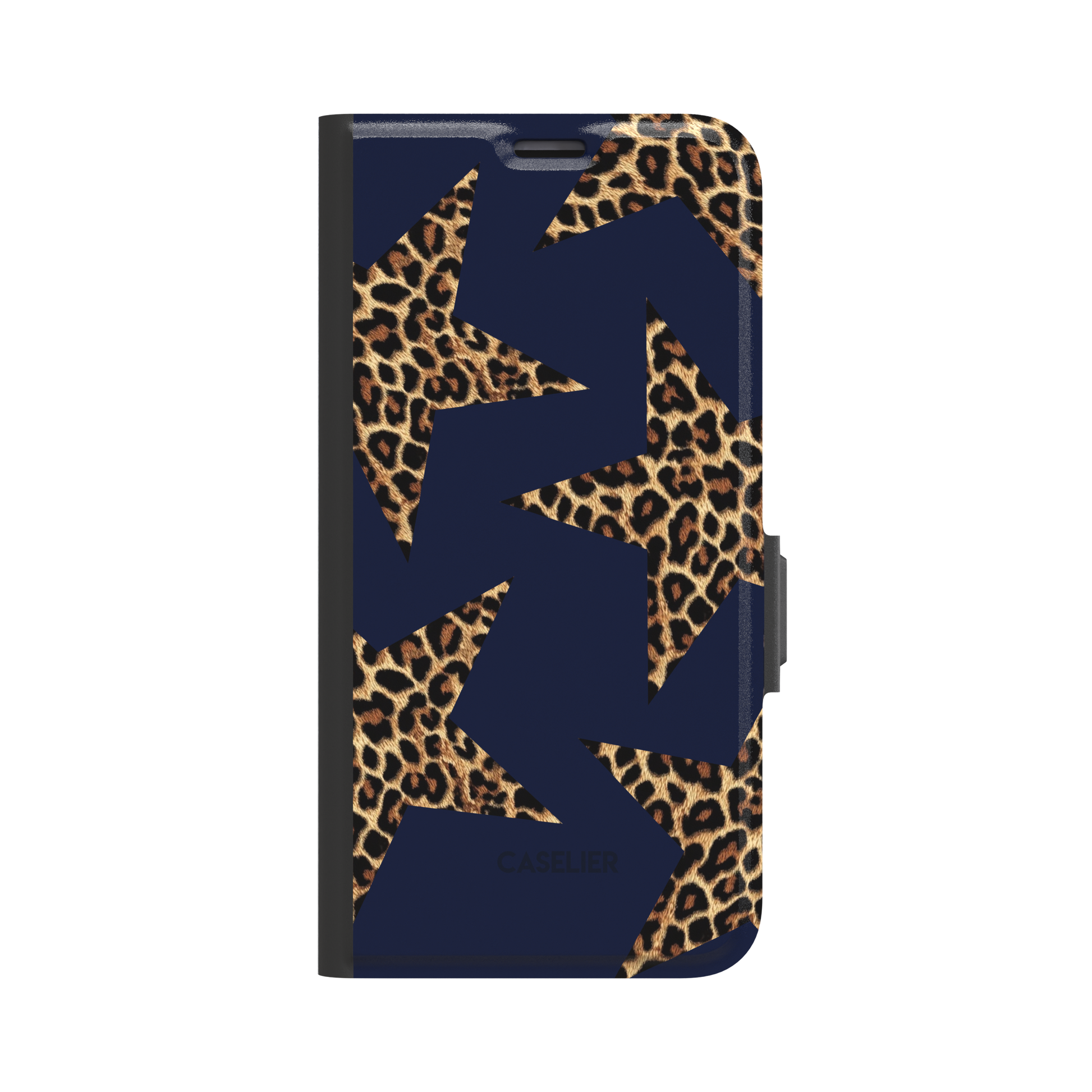 Leopard Star folio wallet phone case with leopard-print stars on navy cover and black frame, front view, white background, phone case by Caselier - wallet case, front view | Caselier