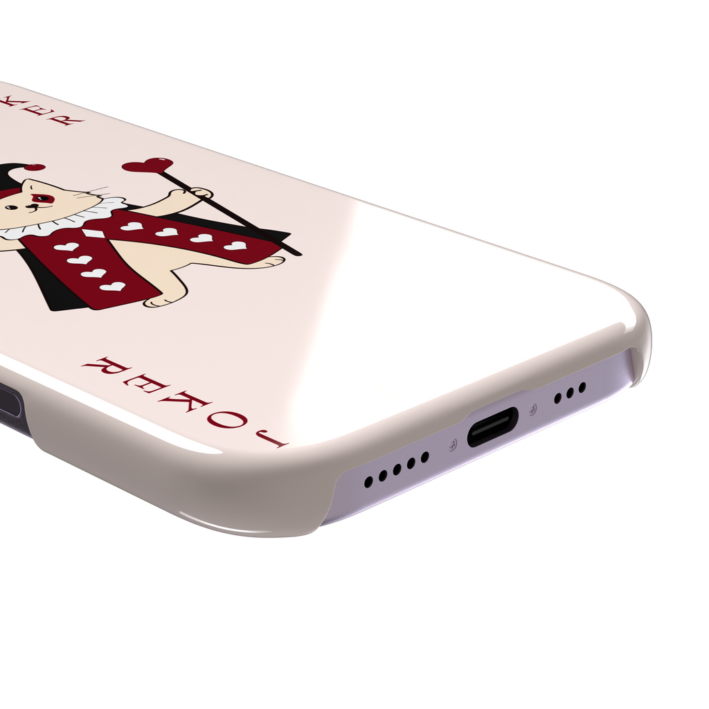 Lord of Jokers phone case in blush pink featuring an illustrated cat dressed as a joker in a crimson heart-patterned robe and black jester hat, holding a heart staff, styled as a playing card with JOKER lettered vertically in dark red, front view, phone case by Caselier — snap case, charging port detail