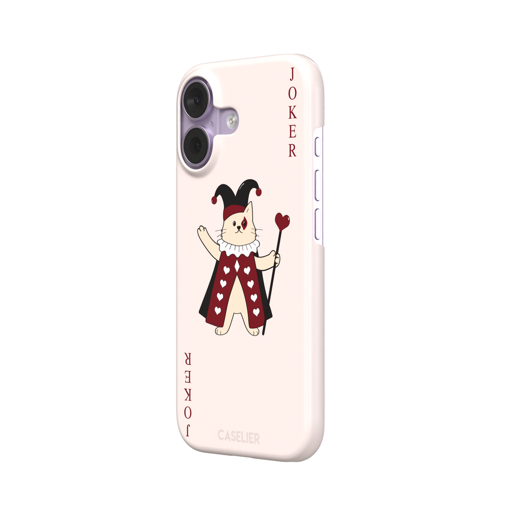 Lord of Jokers phone case in blush pink featuring an illustrated cat dressed as a joker in a crimson heart-patterned robe and black jester hat, holding a heart staff, styled as a playing card with JOKER lettered vertically in dark red, front view, phone case by Caselier — snap case, right view