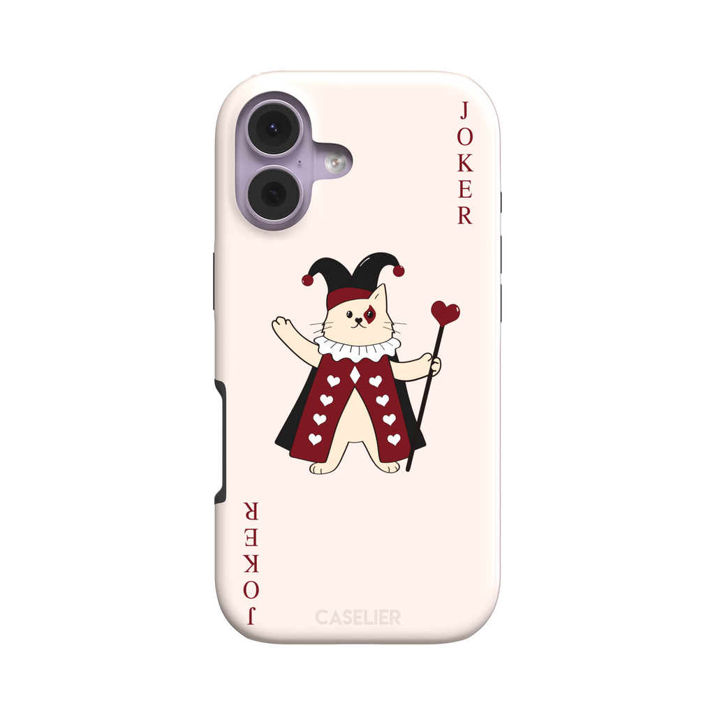 Lord of Jokers phone case in blush pink featuring an illustrated cat dressed as a joker in a crimson heart-patterned robe and black jester hat, holding a heart staff, styled as a playing card with JOKER lettered vertically in dark red, front view, phone case by Caselier — tough case, front view