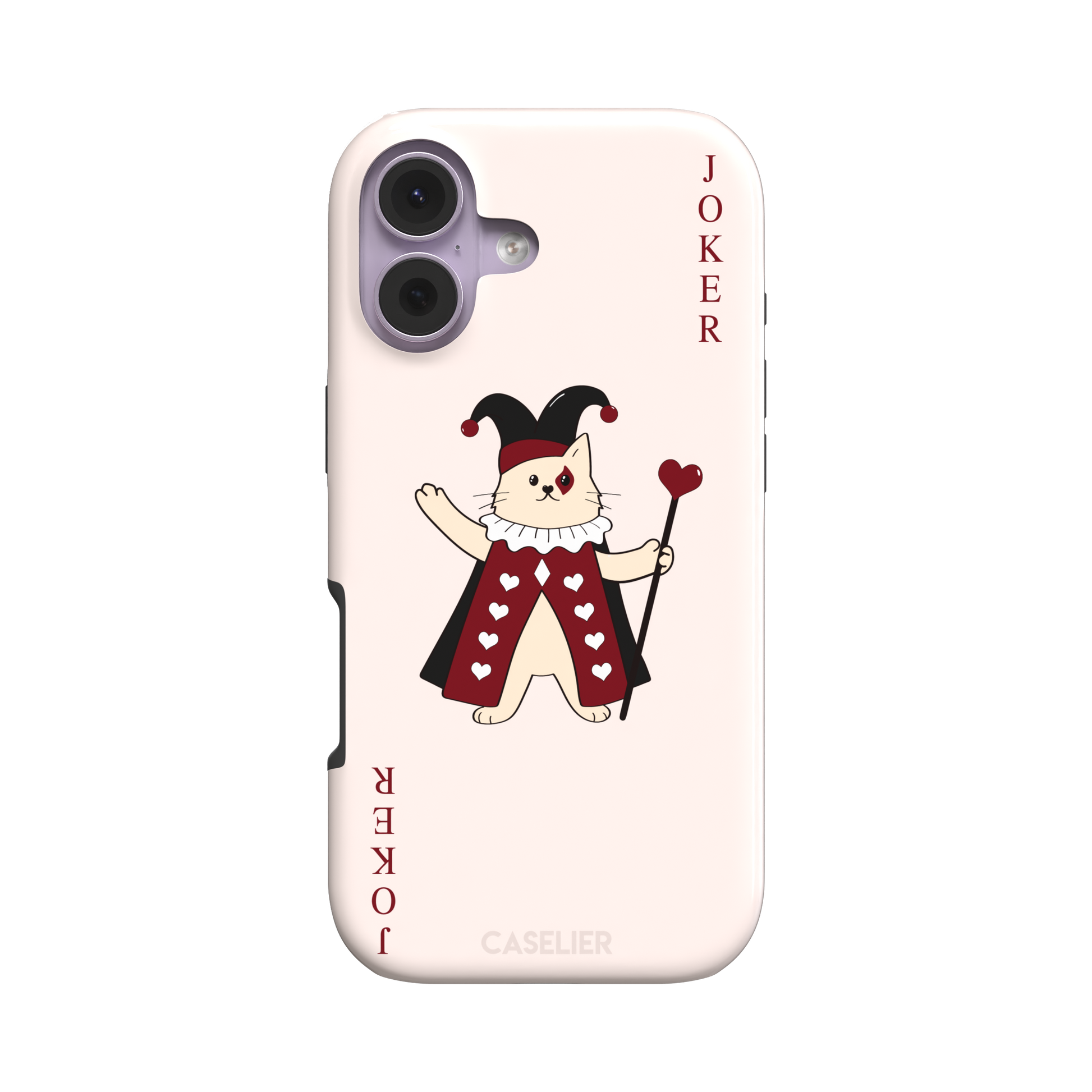 Lord of Jokers phone case in blush pink featuring an illustrated cat dressed as a joker in a crimson heart-patterned robe and black jester hat, holding a heart staff, styled as a playing card with JOKER lettered vertically in dark red, front view, phone case by Caselier — tough case, front view