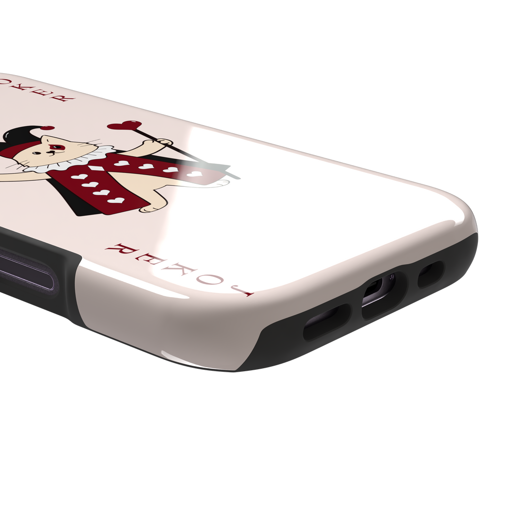 Lord of Jokers phone case in blush pink featuring an illustrated cat dressed as a joker in a crimson heart-patterned robe and black jester hat, holding a heart staff, styled as a playing card with JOKER lettered vertically in dark red, front view, phone case by Caselier — tough case, charging port detail