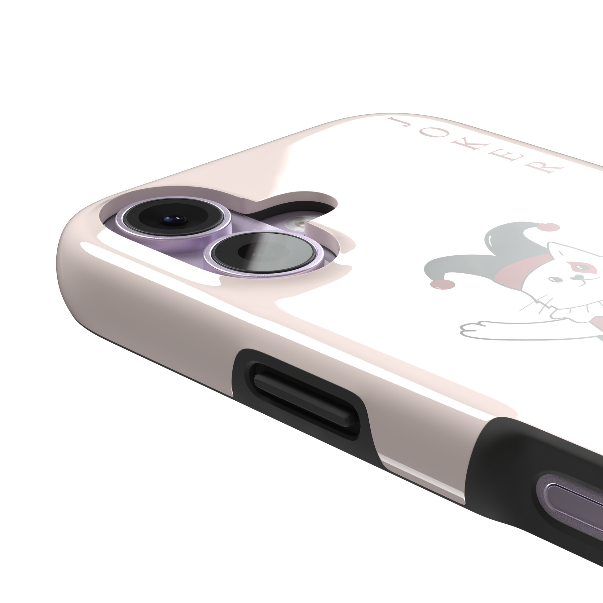 Lord of Jokers phone case in blush pink featuring an illustrated cat dressed as a joker in a crimson heart-patterned robe and black jester hat, holding a heart staff, styled as a playing card with JOKER lettered vertically in dark red, front view, phone case by Caselier — tough case, volume buttons detail