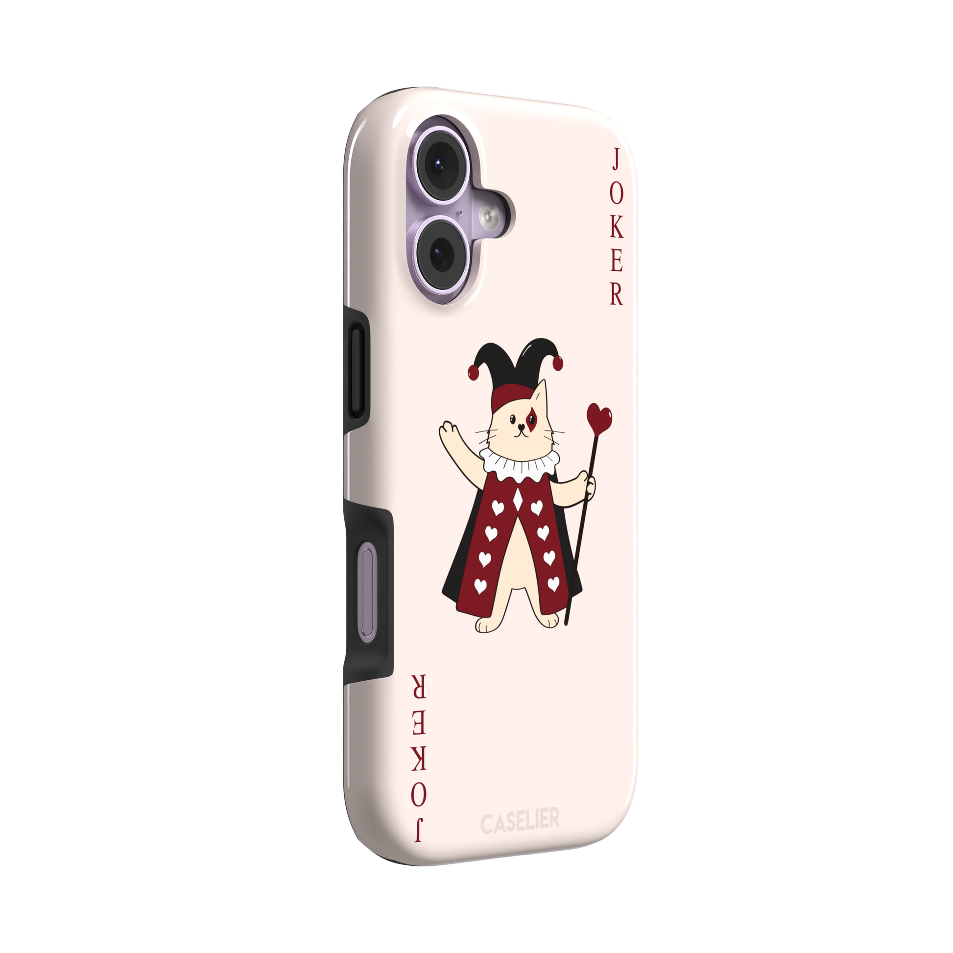 Lord of Jokers phone case in blush pink featuring an illustrated cat dressed as a joker in a crimson heart-patterned robe and black jester hat, holding a heart staff, styled as a playing card with JOKER lettered vertically in dark red, front view, phone case by Caselier — tough case, left view