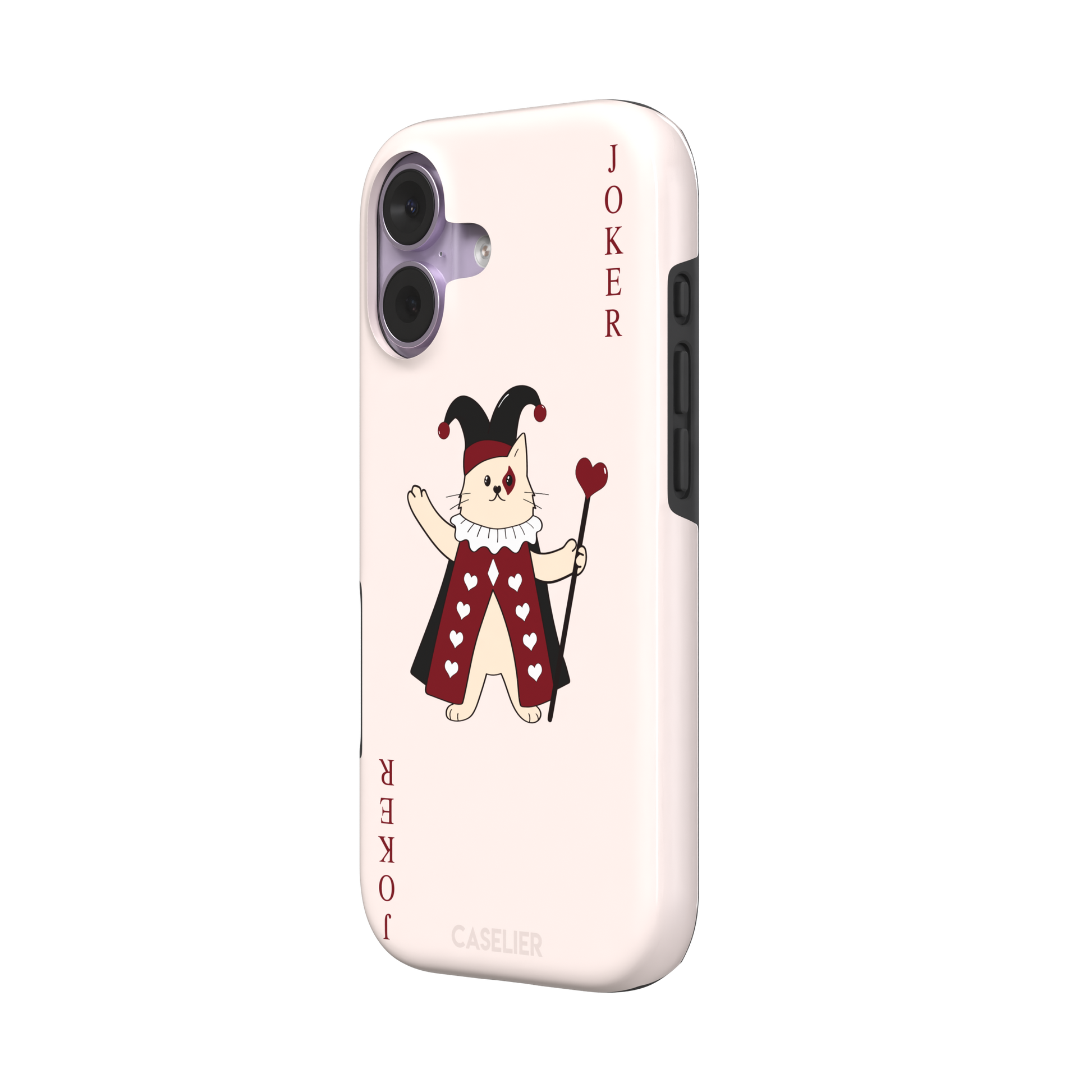 Lord of Jokers phone case in blush pink featuring an illustrated cat dressed as a joker in a crimson heart-patterned robe and black jester hat, holding a heart staff, styled as a playing card with JOKER lettered vertically in dark red, front view, phone case by Caselier — tough case, right view