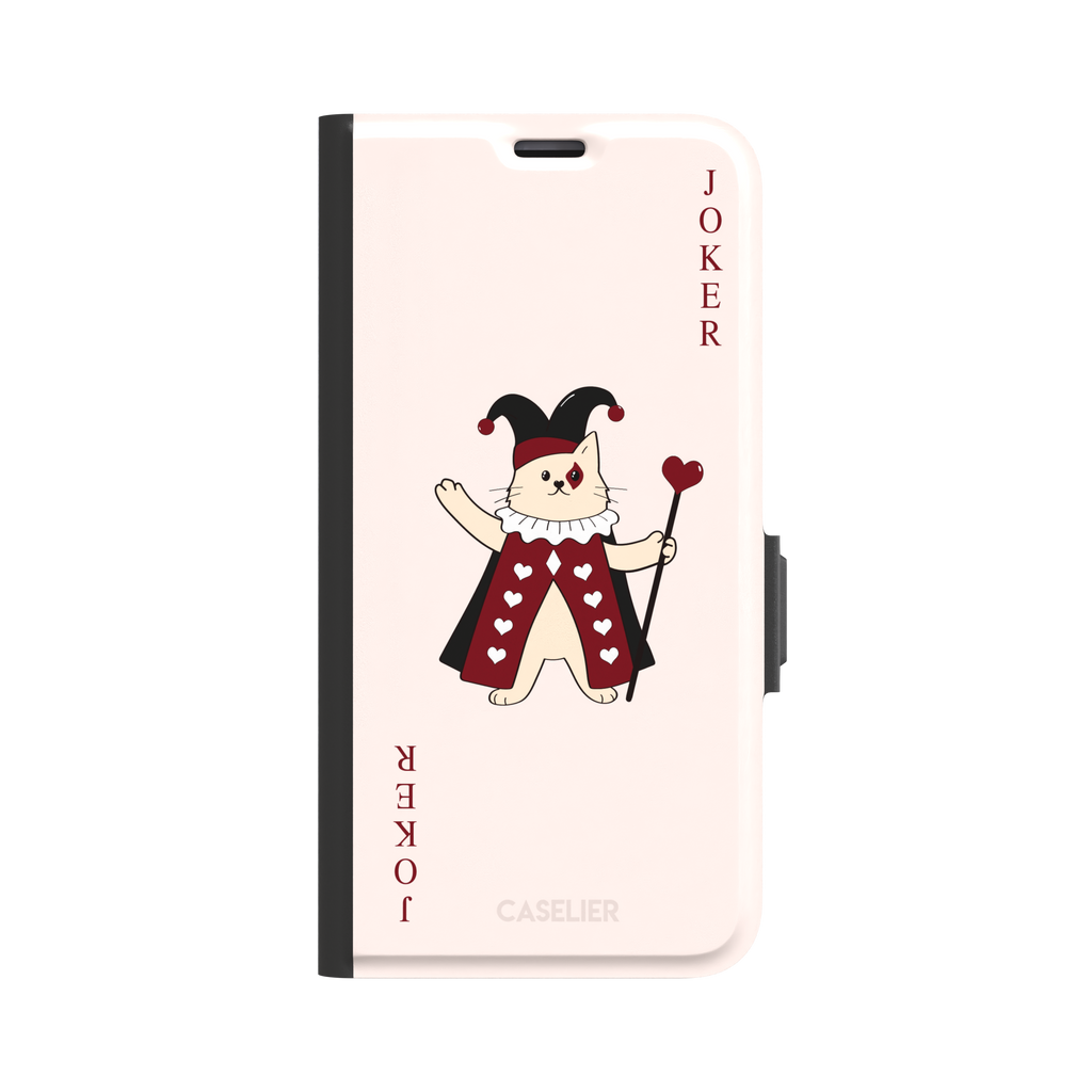Lord of Jokers phone case in blush pink featuring an illustrated cat dressed as a joker in a crimson heart-patterned robe and black jester hat, holding a heart staff, styled as a playing card with JOKER lettered vertically in dark red, front view, phone case by Caselier — wallet case, front view