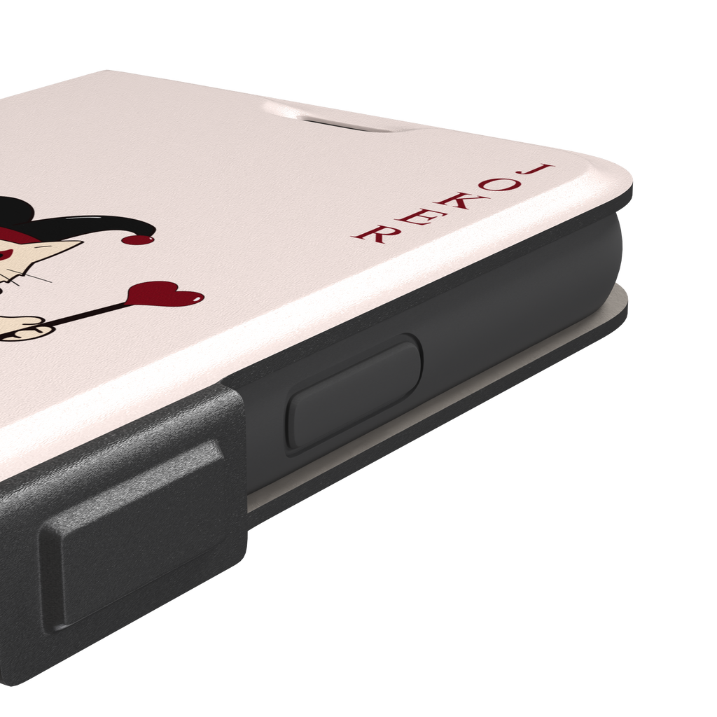 Lord of Jokers phone case in blush pink featuring an illustrated cat dressed as a joker in a crimson heart-patterned robe and black jester hat, holding a heart staff, styled as a playing card with JOKER lettered vertically in dark red, front view, phone case by Caselier — wallet case, volume buttons detail
