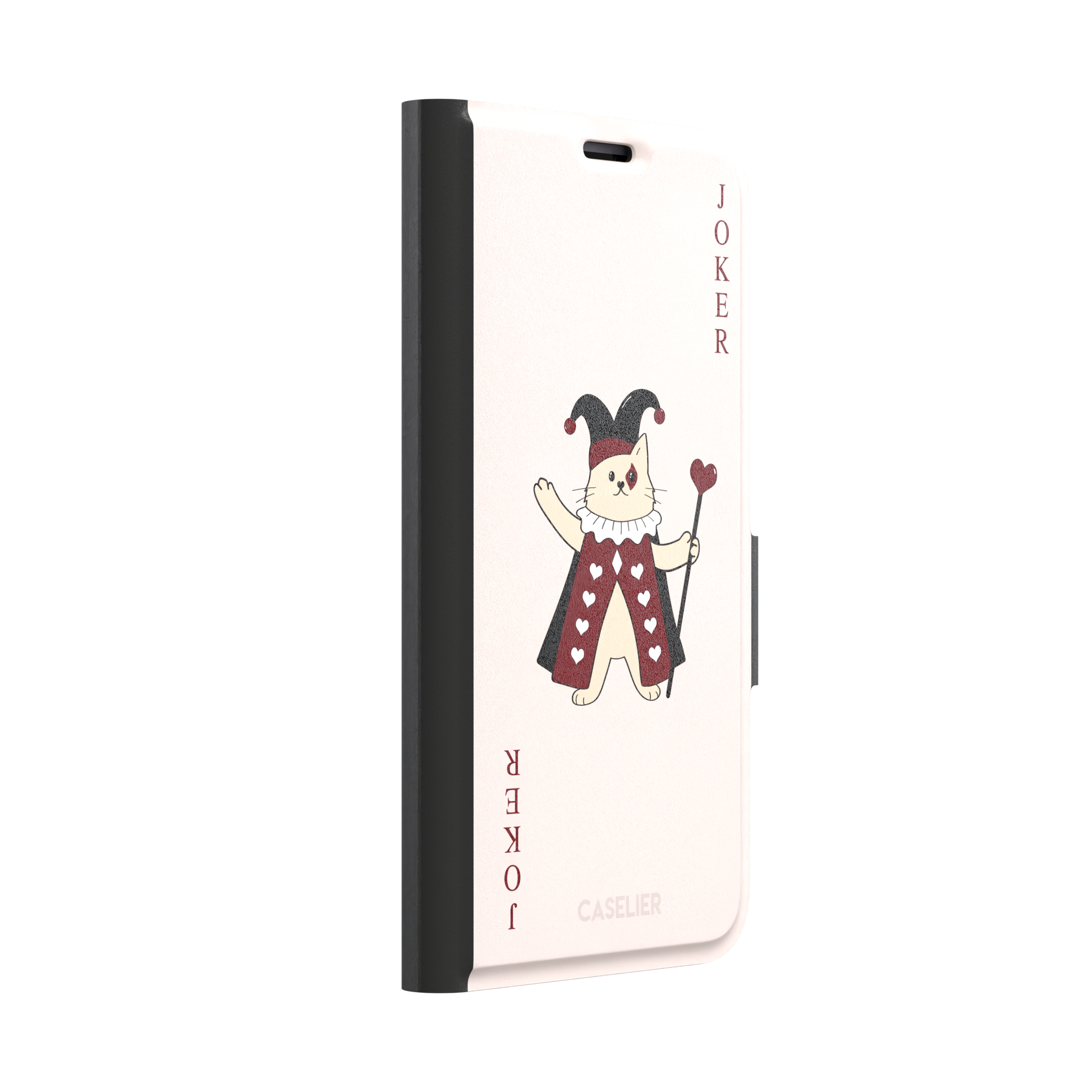 Lord of Jokers phone case in blush pink featuring an illustrated cat dressed as a joker in a crimson heart-patterned robe and black jester hat, holding a heart staff, styled as a playing card with JOKER lettered vertically in dark red, front view, phone case by Caselier — wallet case, left view