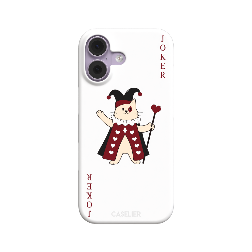 Lord of Jokers phone case in white featuring the same illustrated cat joker in a crimson heart-patterned robe and black jester hat, holding a heart staff, styled as a playing card with JOKER lettered vertically in dark red, white background color variant, phone case by Caselier — snap case, front view
