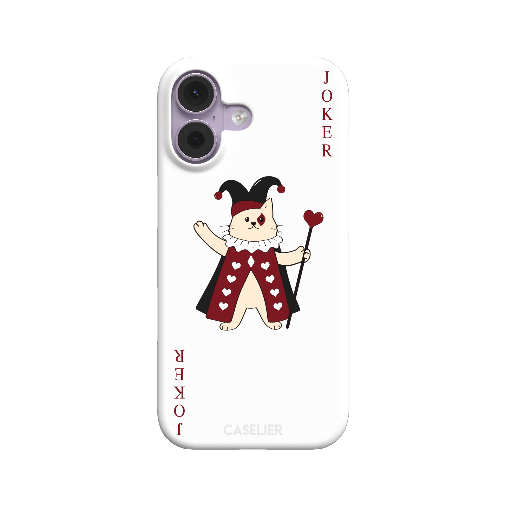 Lord of Jokers phone case in white featuring the same illustrated cat joker in a crimson heart-patterned robe and black jester hat, holding a heart staff, styled as a playing card with JOKER lettered vertically in dark red, white background color variant, phone case by Caselier — snap case, front view