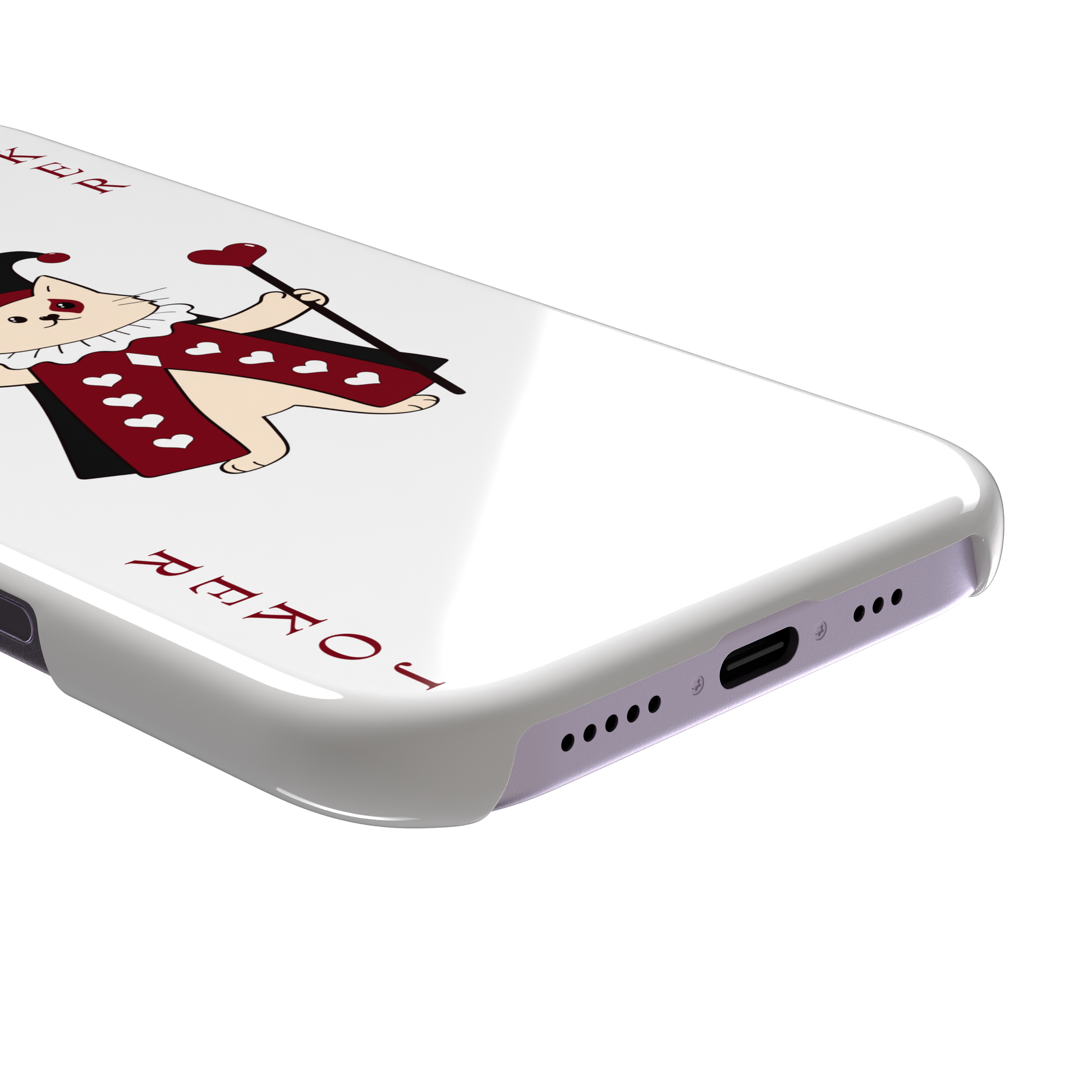 Lord of Jokers phone case in white featuring the same illustrated cat joker in a crimson heart-patterned robe and black jester hat, holding a heart staff, styled as a playing card with JOKER lettered vertically in dark red, white background color variant, phone case by Caselier — snap case, charging port detail