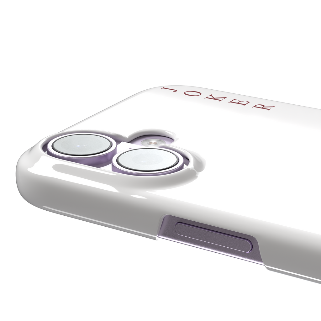 Lord of Jokers phone case in white featuring the same illustrated cat joker in a crimson heart-patterned robe and black jester hat, holding a heart staff, styled as a playing card with JOKER lettered vertically in dark red, white background color variant, phone case by Caselier — snap case, volume buttons detail
