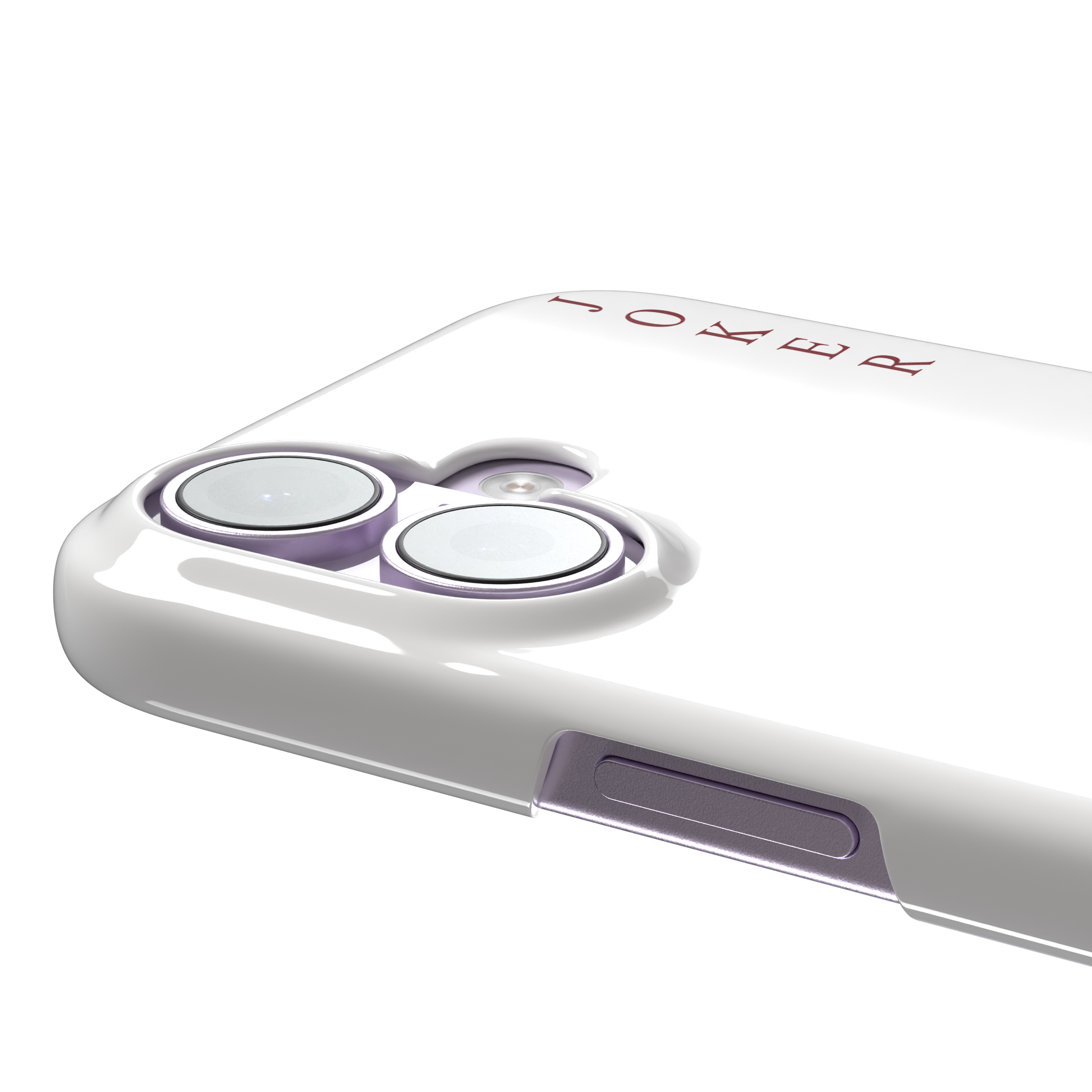Lord of Jokers phone case in white featuring the same illustrated cat joker in a crimson heart-patterned robe and black jester hat, holding a heart staff, styled as a playing card with JOKER lettered vertically in dark red, white background color variant, phone case by Caselier — snap case, volume buttons detail