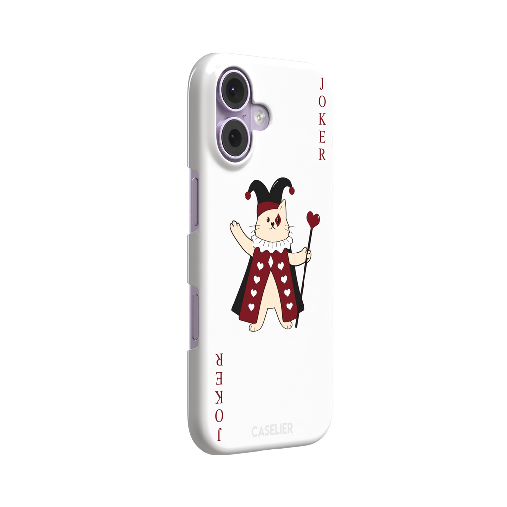 Lord of Jokers phone case in white featuring the same illustrated cat joker in a crimson heart-patterned robe and black jester hat, holding a heart staff, styled as a playing card with JOKER lettered vertically in dark red, white background color variant, phone case by Caselier — snap case, left view