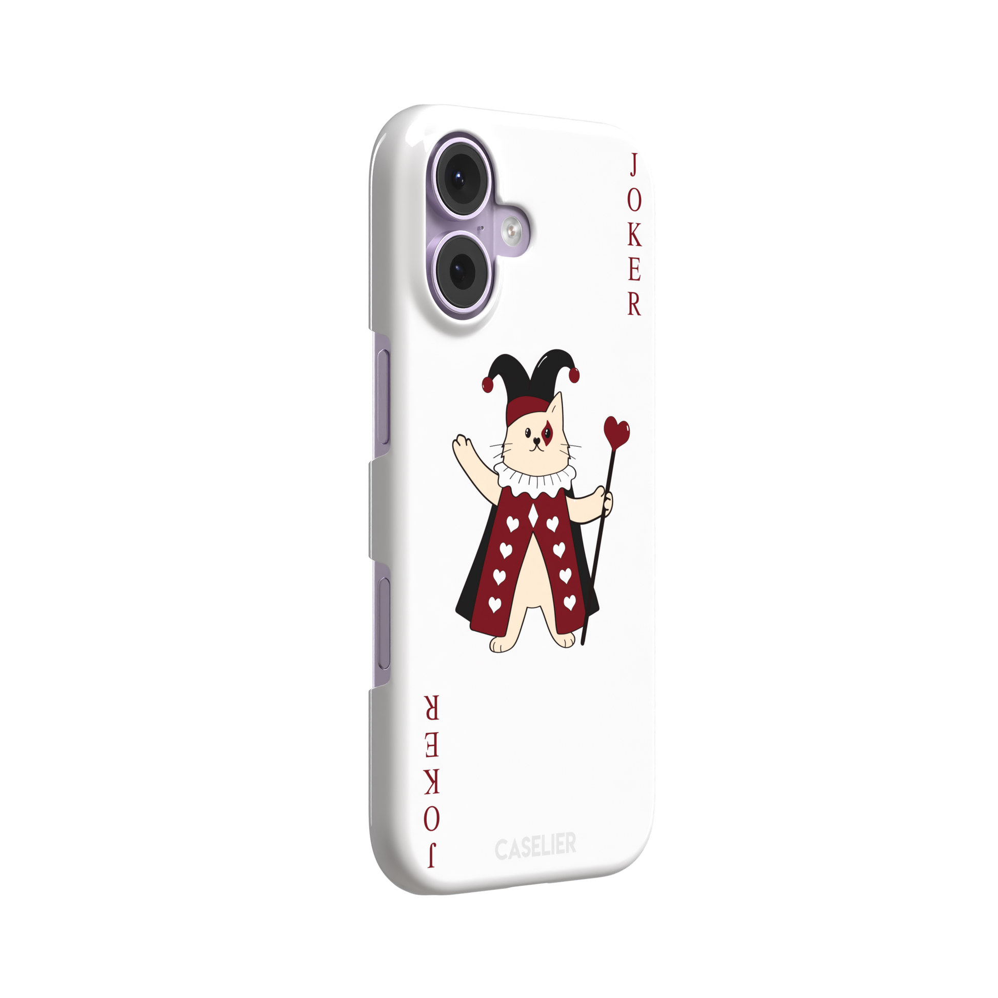 Lord of Jokers phone case in white featuring the same illustrated cat joker in a crimson heart-patterned robe and black jester hat, holding a heart staff, styled as a playing card with JOKER lettered vertically in dark red, white background color variant, phone case by Caselier — snap case, left view