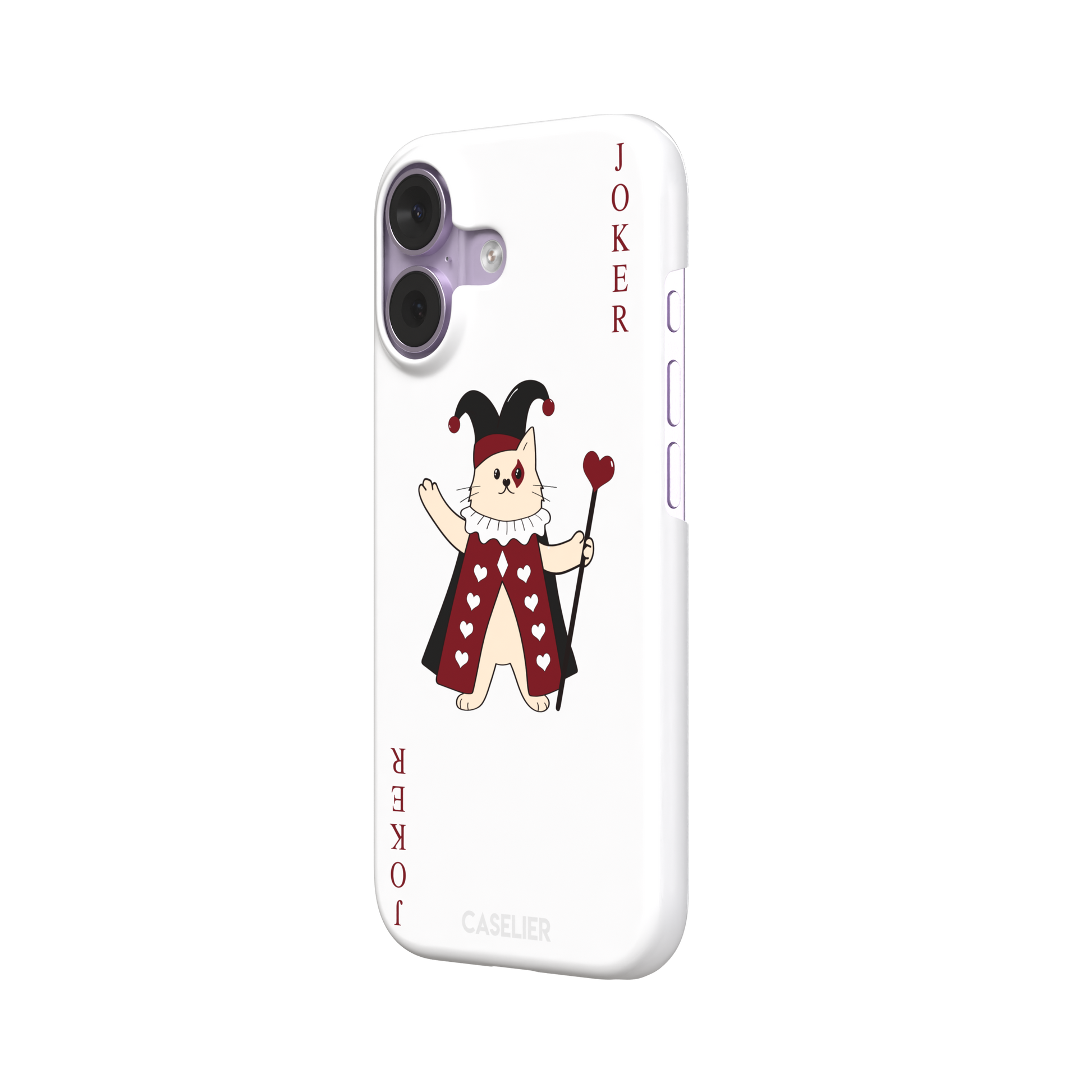 Lord of Jokers phone case in white featuring the same illustrated cat joker in a crimson heart-patterned robe and black jester hat, holding a heart staff, styled as a playing card with JOKER lettered vertically in dark red, white background color variant, phone case by Caselier — snap case, right view