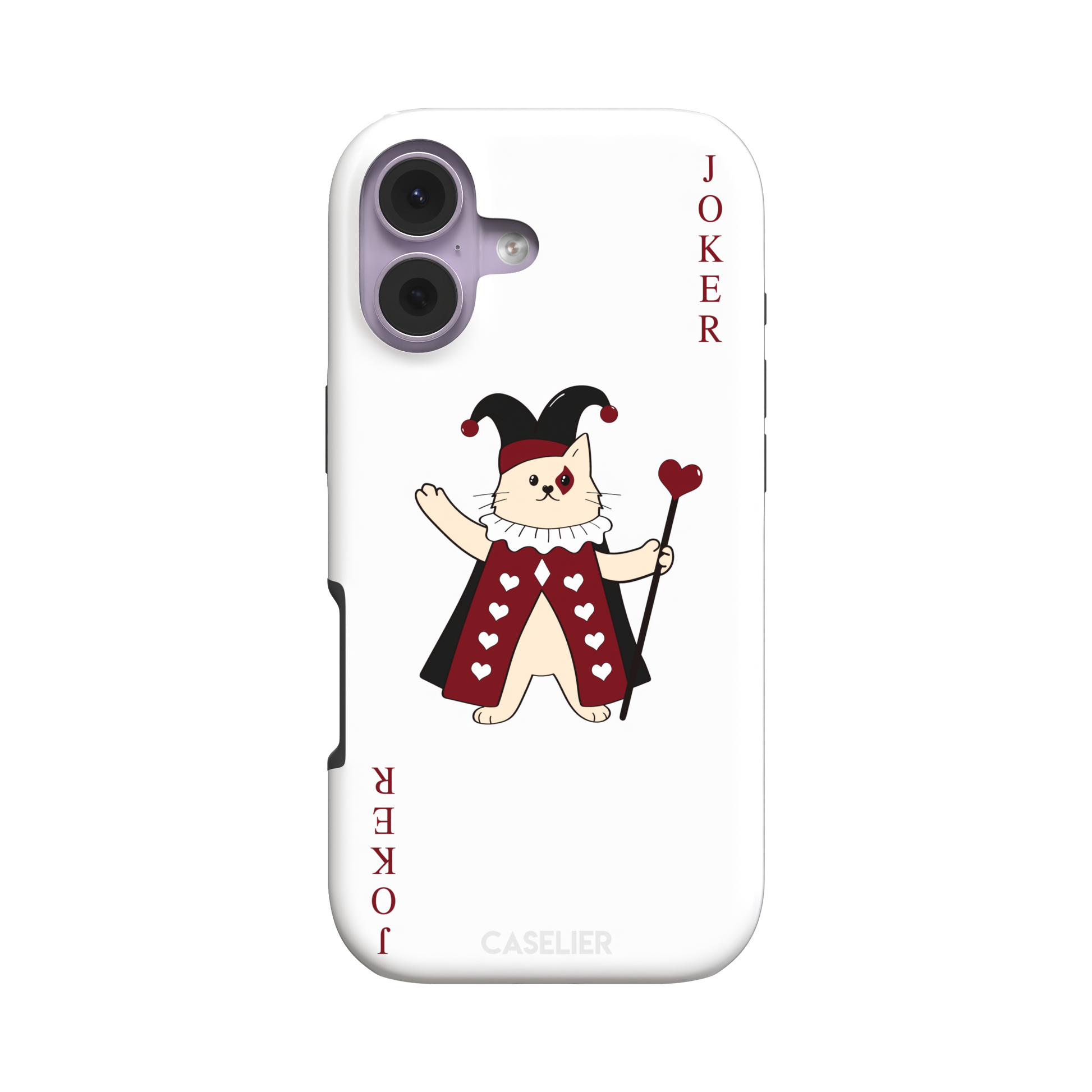 Lord of Jokers phone case in white featuring the same illustrated cat joker in a crimson heart-patterned robe and black jester hat, holding a heart staff, styled as a playing card with JOKER lettered vertically in dark red, white background color variant, phone case by Caselier — tough case, front view