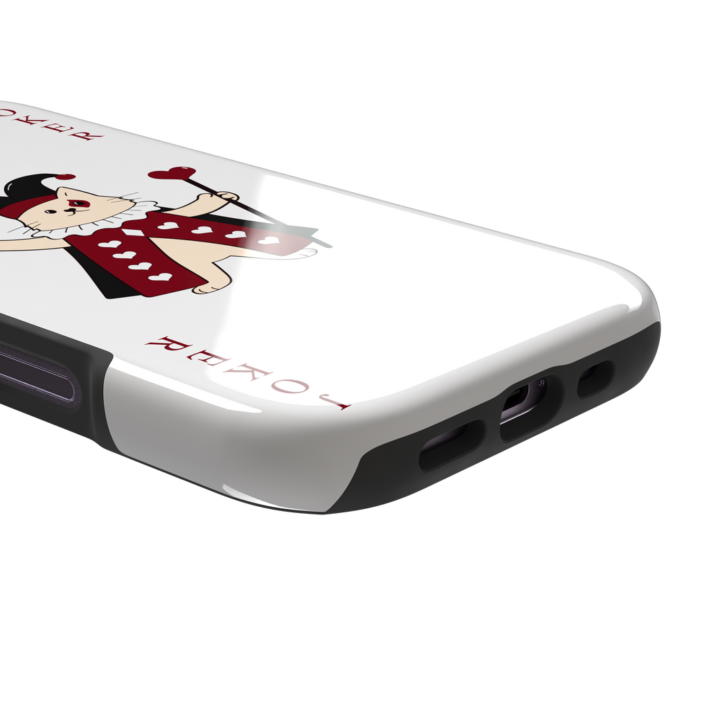 Lord of Jokers phone case in white featuring the same illustrated cat joker in a crimson heart-patterned robe and black jester hat, holding a heart staff, styled as a playing card with JOKER lettered vertically in dark red, white background color variant, phone case by Caselier — tough case, charging port detail
